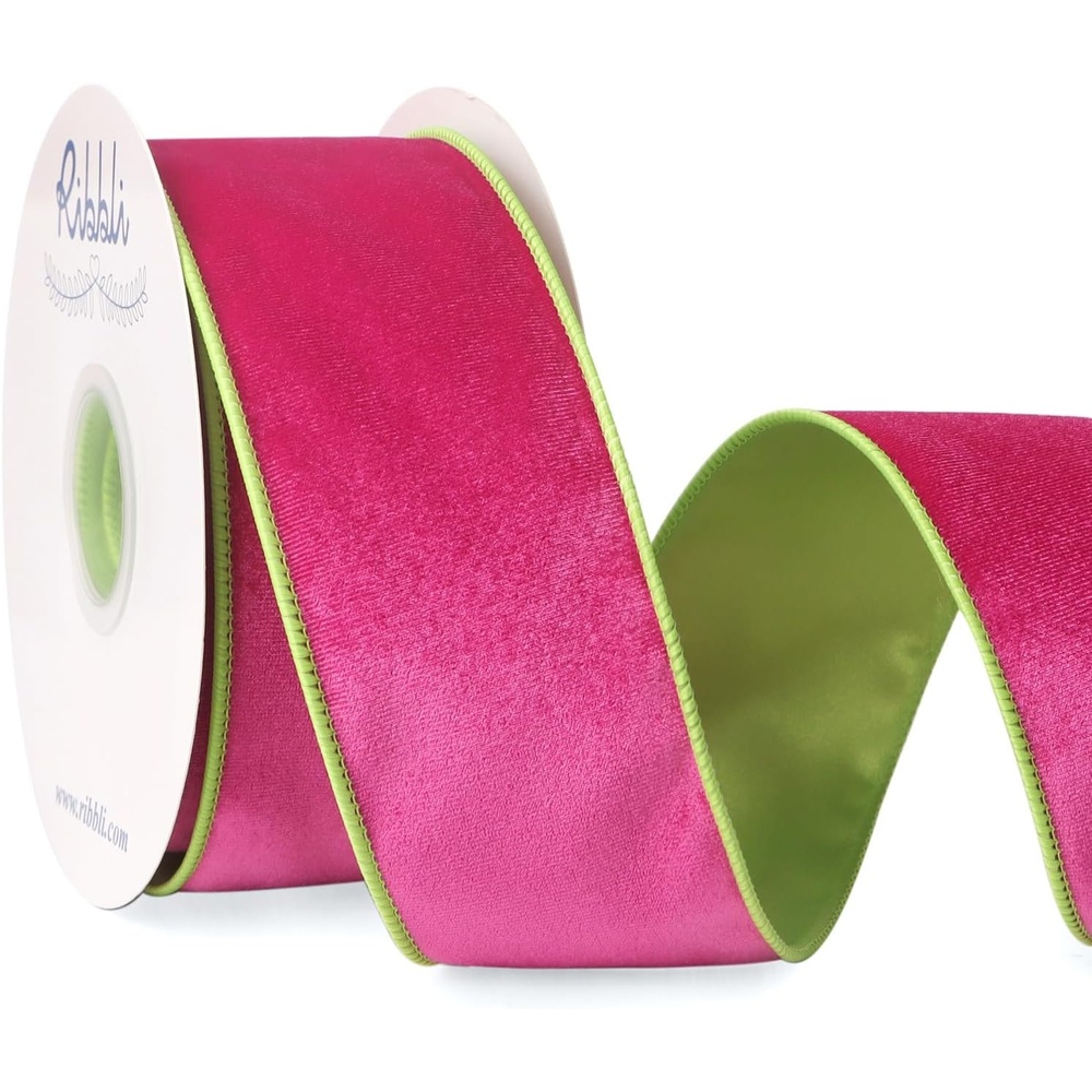 Ribbli Dusty Green Velvet Wired Ribbon 4 Inch Sage Velvet with Satin Christmas Ribbon for Gift Wrapping Christmas Tree Decoration Crafts Wreaths Supplies-Continuous 10 Yards(Hot Pink/Lime)