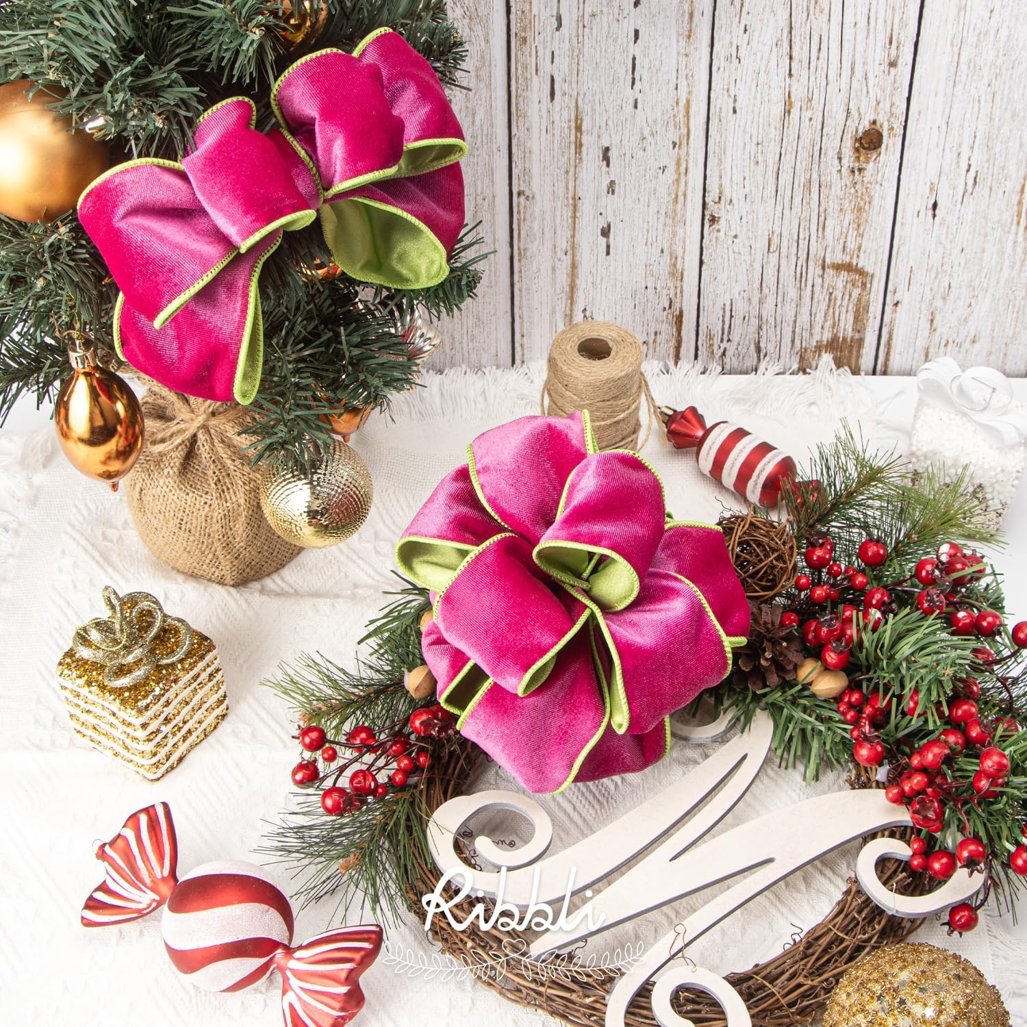 Ribbli Dusty Green Velvet Wired Ribbon 4 Inch Sage Velvet with Satin Christmas Ribbon for Gift Wrapping Christmas Tree Decoration Crafts Wreaths Supplies-Continuous 10 Yards(Hot Pink/Lime)