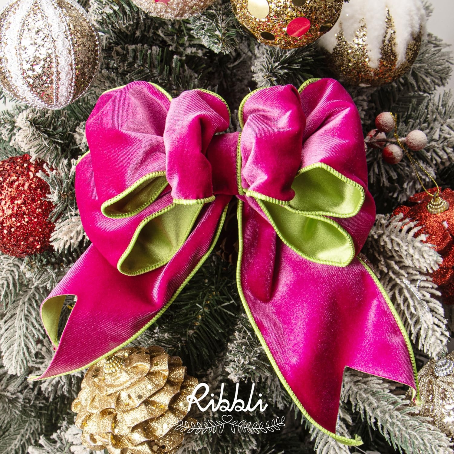 Ribbli Dusty Green Velvet Wired Ribbon 4 Inch Sage Velvet with Satin Christmas Ribbon for Gift Wrapping Christmas Tree Decoration Crafts Wreaths Supplies-Continuous 10 Yards(Hot Pink/Lime)
