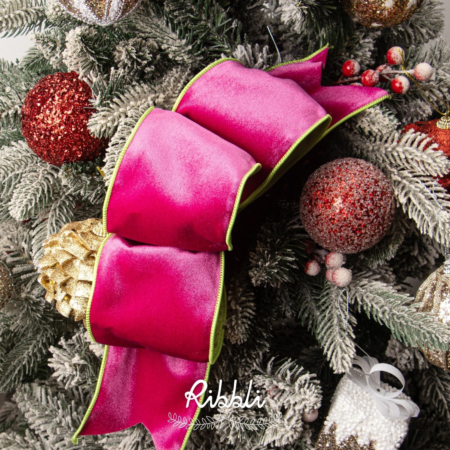 Ribbli Dusty Green Velvet Wired Ribbon 4 Inch Sage Velvet with Satin Christmas Ribbon for Gift Wrapping Christmas Tree Decoration Crafts Wreaths Supplies-Continuous 10 Yards(Hot Pink/Lime)
