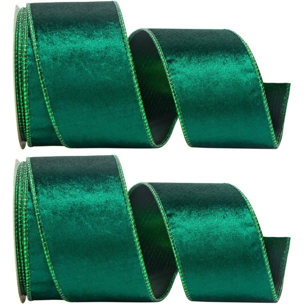 Ribbli Christmas Velvet Ribbon Wired-2 Rolls Green Velvet Ribbon 2.5 Inch Total 20 Yard,Velvet Wired Ribbon for Tree Decoration,Gift Wrapping,Topper Bow,Crafts and Wreaths