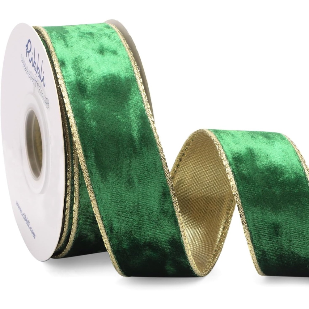 Ribbli Black Velvet Wired Ribbon 2.5 Inch Metallic Black Gold Crushed Velvet Christmas Ribbon for Gift Wrapping Christmas Tree Decoration Crafts Wreaths Supplies-Continuous 10 Yards(Emerald)