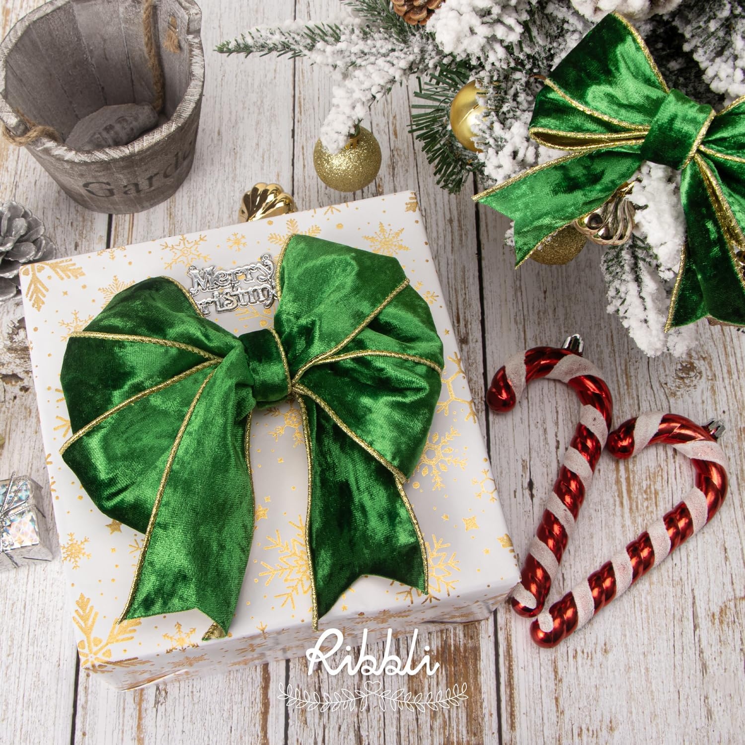 Ribbli Black Velvet Wired Ribbon 2.5 Inch Metallic Black Gold Crushed Velvet Christmas Ribbon for Gift Wrapping Christmas Tree Decoration Crafts Wreaths Supplies-Continuous 10 Yards(Emerald)