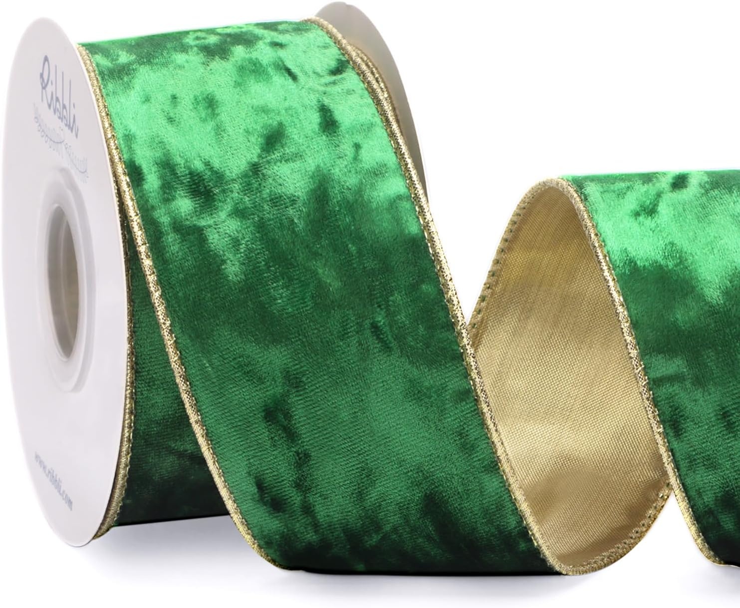 Ribbli Black Velvet Wired Ribbon 2.5 Inch Metallic Black Gold Crushed Velvet Christmas Ribbon for Gift Wrapping Christmas Tree Decoration Crafts Wreaths Supplies-Continuous 10 Yards(Emerald)