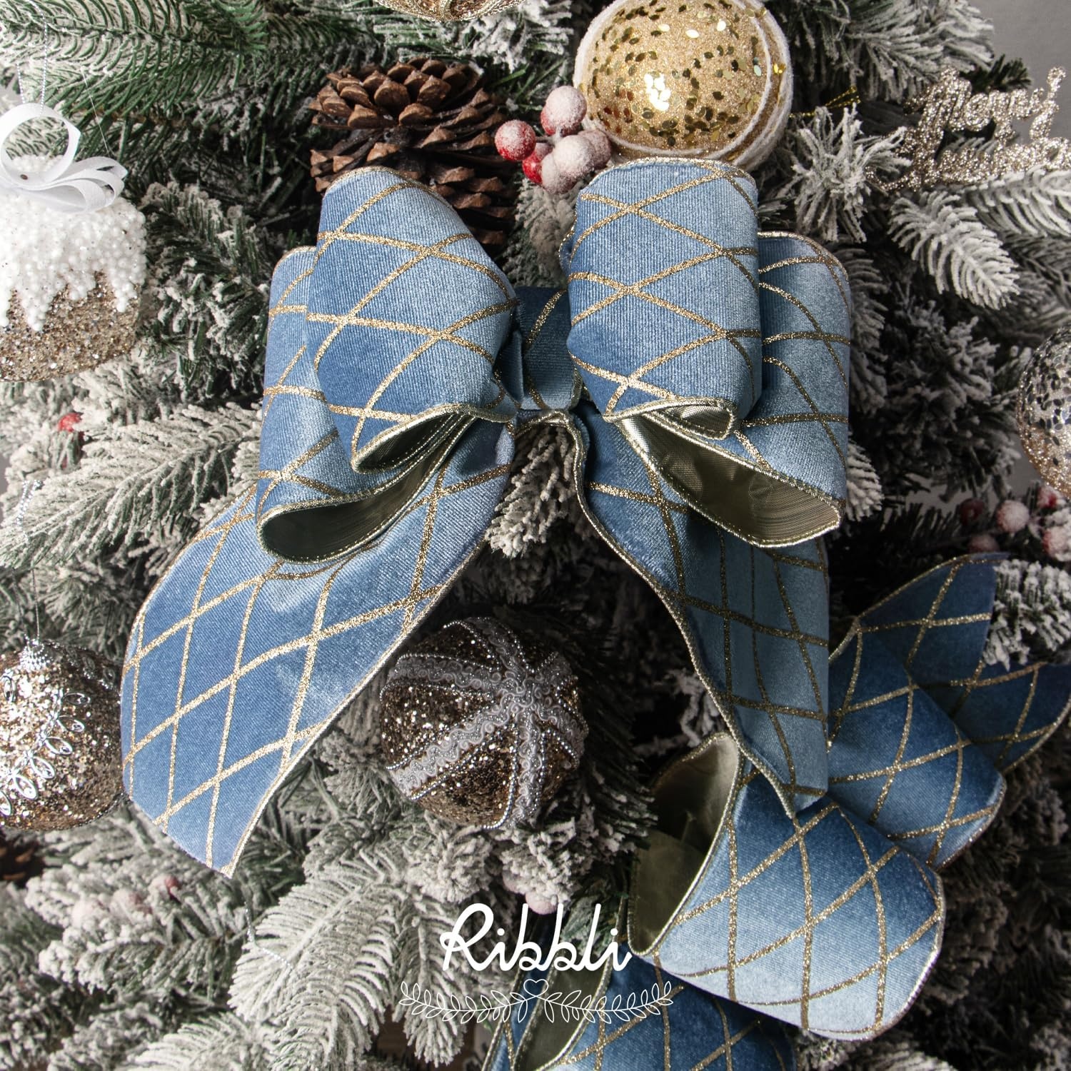 Ribbli Dusty Green Velvet Ribbon Wired with Glitter Diamond Grid 2-1/2 Inch Christmas Ribbon for Christmas Tree Decoration Big Bow Gift Wrapping Crafts Wreaths Garland Supplies – 10 Yards(Dusty Blue)