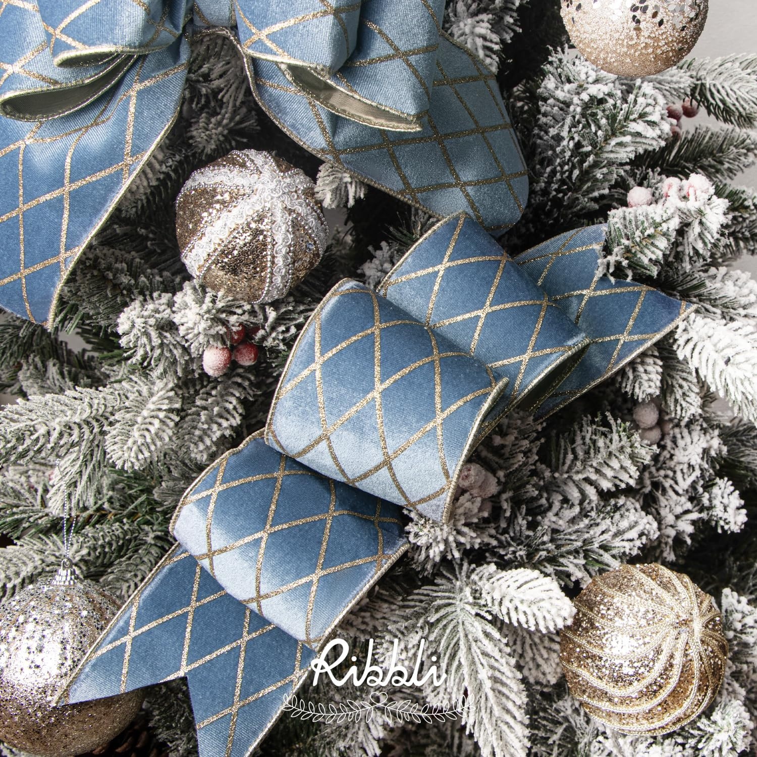 Ribbli Dusty Green Velvet Ribbon Wired with Glitter Diamond Grid 2-1/2 Inch Christmas Ribbon for Christmas Tree Decoration Big Bow Gift Wrapping Crafts Wreaths Garland Supplies – 10 Yards(Dusty Blue)