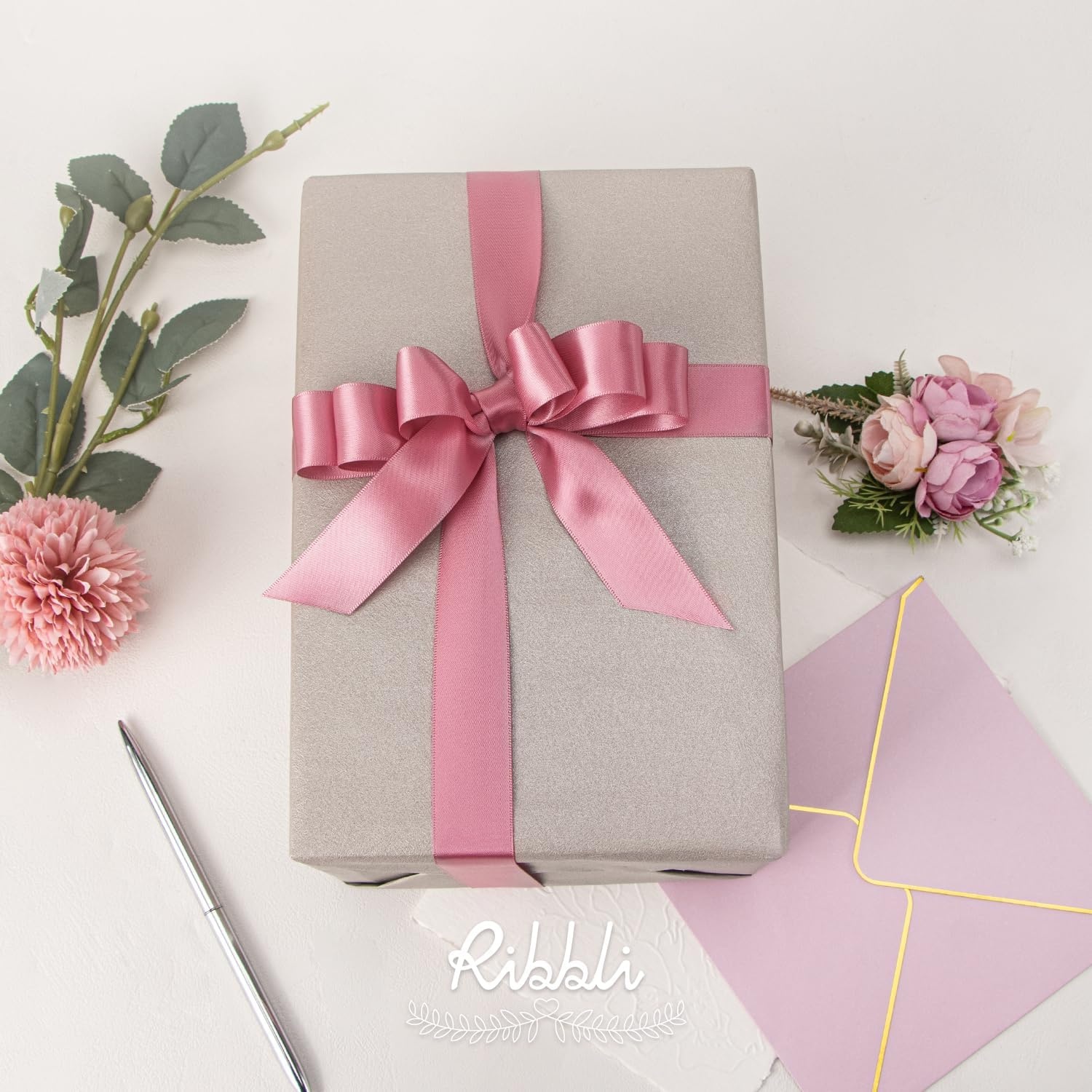 Ribbli Dusty Blue Satin Ribbon Double Faced Satin 1-1/2 Inch x Continuous 50 Yards-Blue Ribbon for Gift Wrapping Crafts Wedding Decoration Bows Bouquet Floral Arrangement(Rosy Mauve)