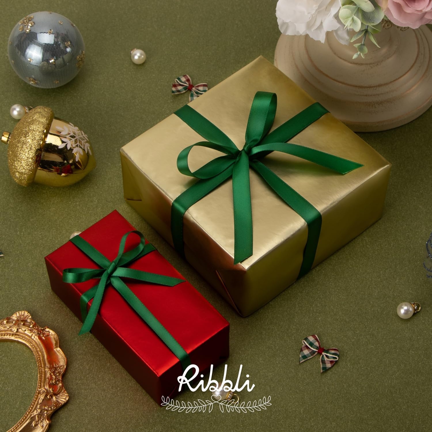 Ribbli Dusty Blue Satin Ribbon Double Faced Satin 1-1/2 Inch x Continuous 50 Yards-Blue Ribbon for Gift Wrapping Crafts Wedding Decoration Bows Bouquet Floral Arrangement(Green Forest)