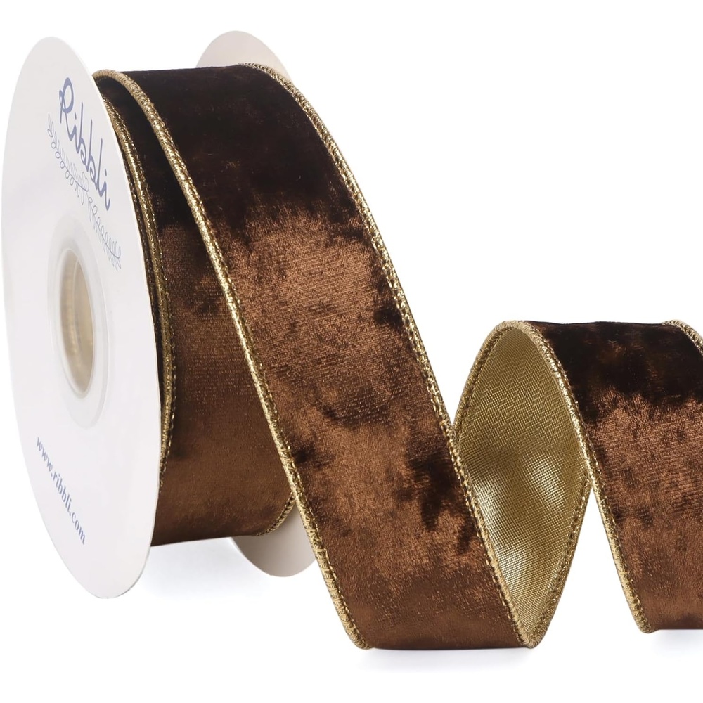 Ribbli Black Velvet Wired Ribbon 2.5 Inch Metallic Black Gold Crushed Velvet Christmas Ribbon for Gift Wrapping Christmas Tree Decoration Crafts Wreaths Supplies-Continuous 10 Yards(Brown)