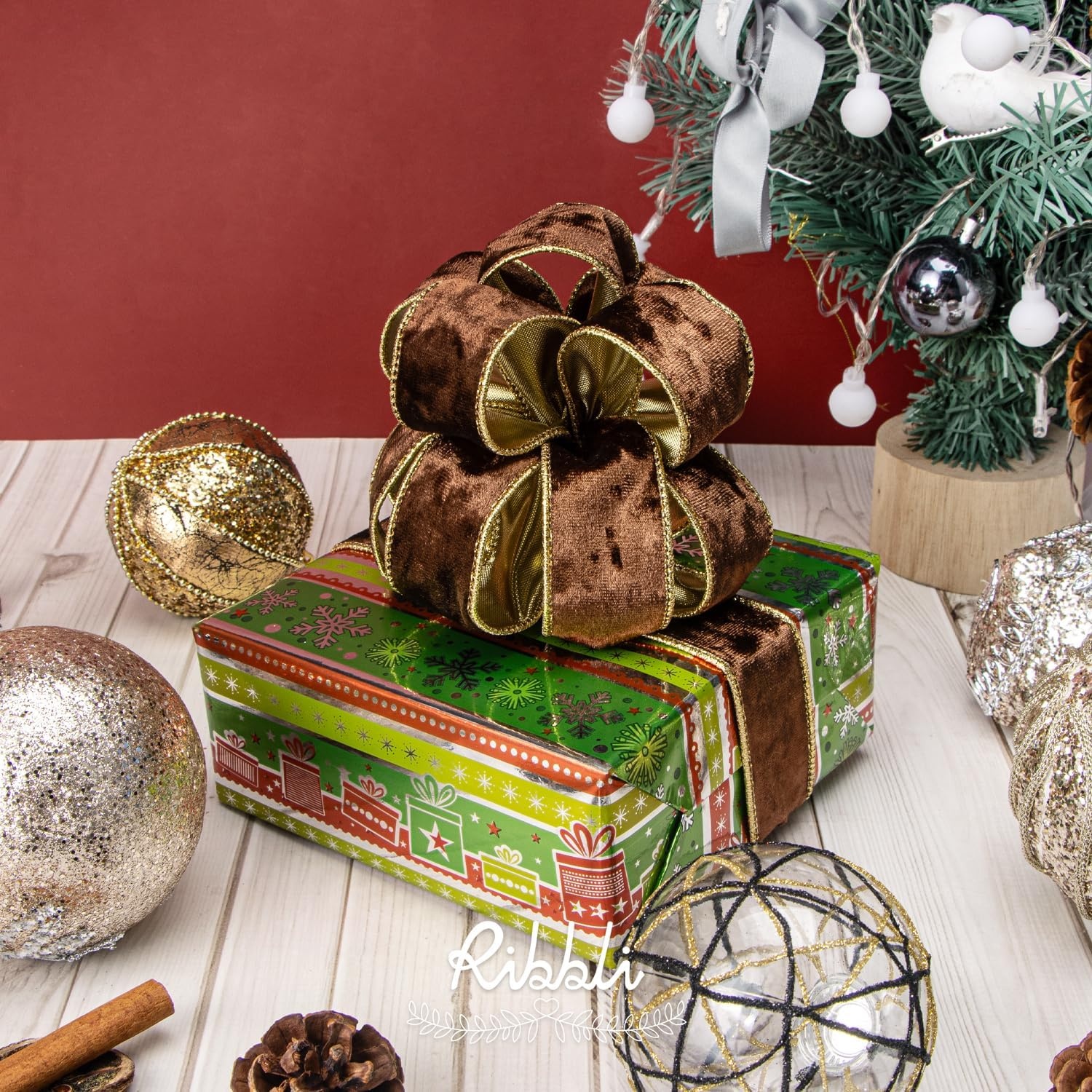 Ribbli Black Velvet Wired Ribbon 2.5 Inch Metallic Black Gold Crushed Velvet Christmas Ribbon for Gift Wrapping Christmas Tree Decoration Crafts Wreaths Supplies-Continuous 10 Yards(Brown)