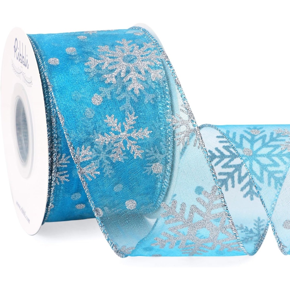 Ribbli Christmas Snowflake Glitter Wired Organza Sheer Ribbon, 2-1/2 Inch x 20 Yards Champagne with Gold Glitter Snowflake Pattern for Tree Decoration(Turquoise/Silver)