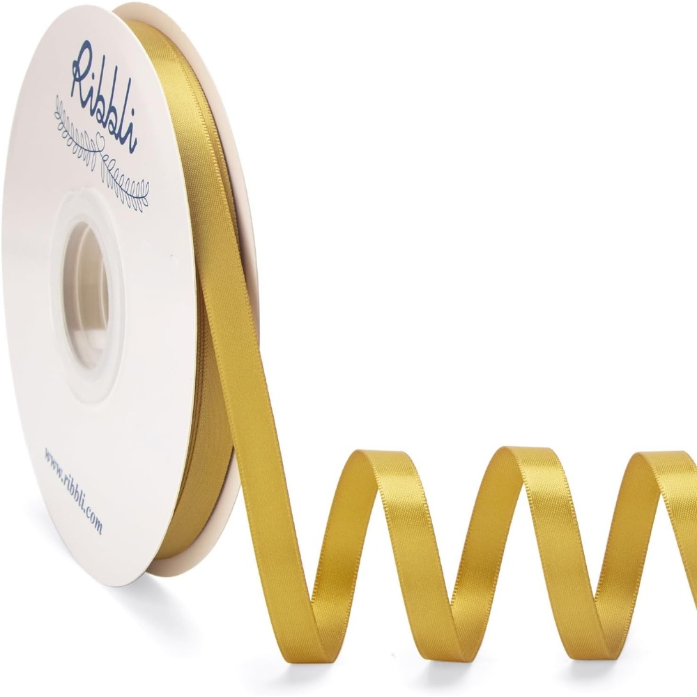 Ribbli Champagne Gold Satin Ribbon Double Faced Satin 3/8 Inch x Continuous 50 Yards-Champagne Ribbon for Gift Wrapping Crafts Wedding Decoration Bows Bouquet Floral Arrangement(Gold)