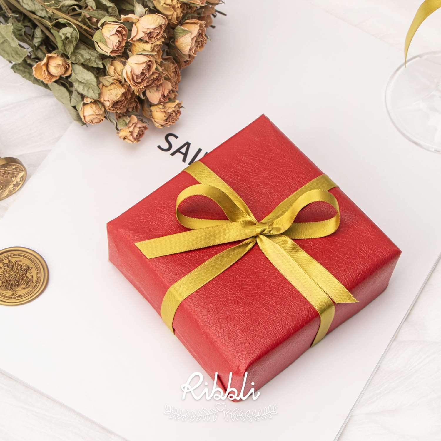 Ribbli Champagne Gold Satin Ribbon Double Faced Satin 3/8 Inch x Continuous 50 Yards-Champagne Ribbon for Gift Wrapping Crafts Wedding Decoration Bows Bouquet Floral Arrangement(Gold)