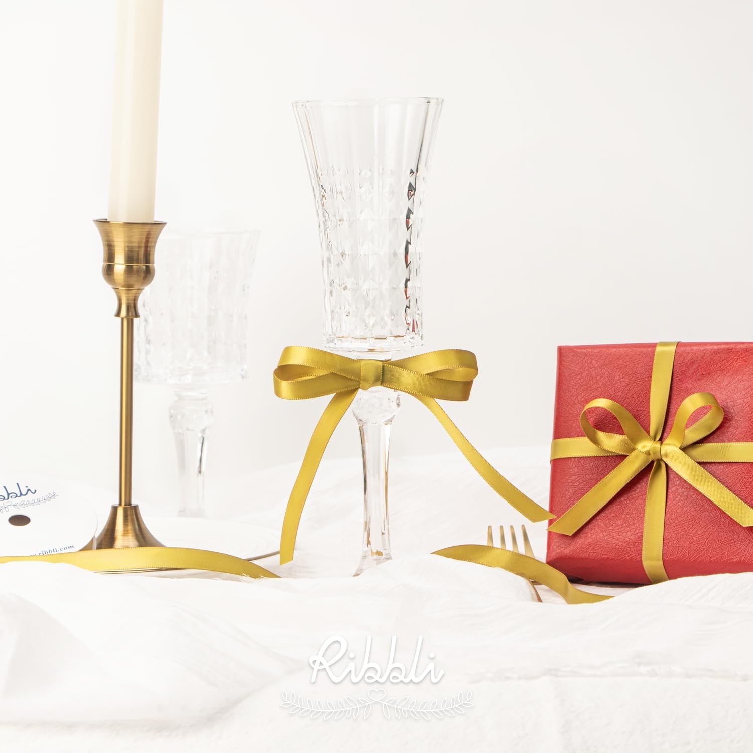 Ribbli Champagne Gold Satin Ribbon Double Faced Satin 3/8 Inch x Continuous 50 Yards-Champagne Ribbon for Gift Wrapping Crafts Wedding Decoration Bows Bouquet Floral Arrangement(Gold)