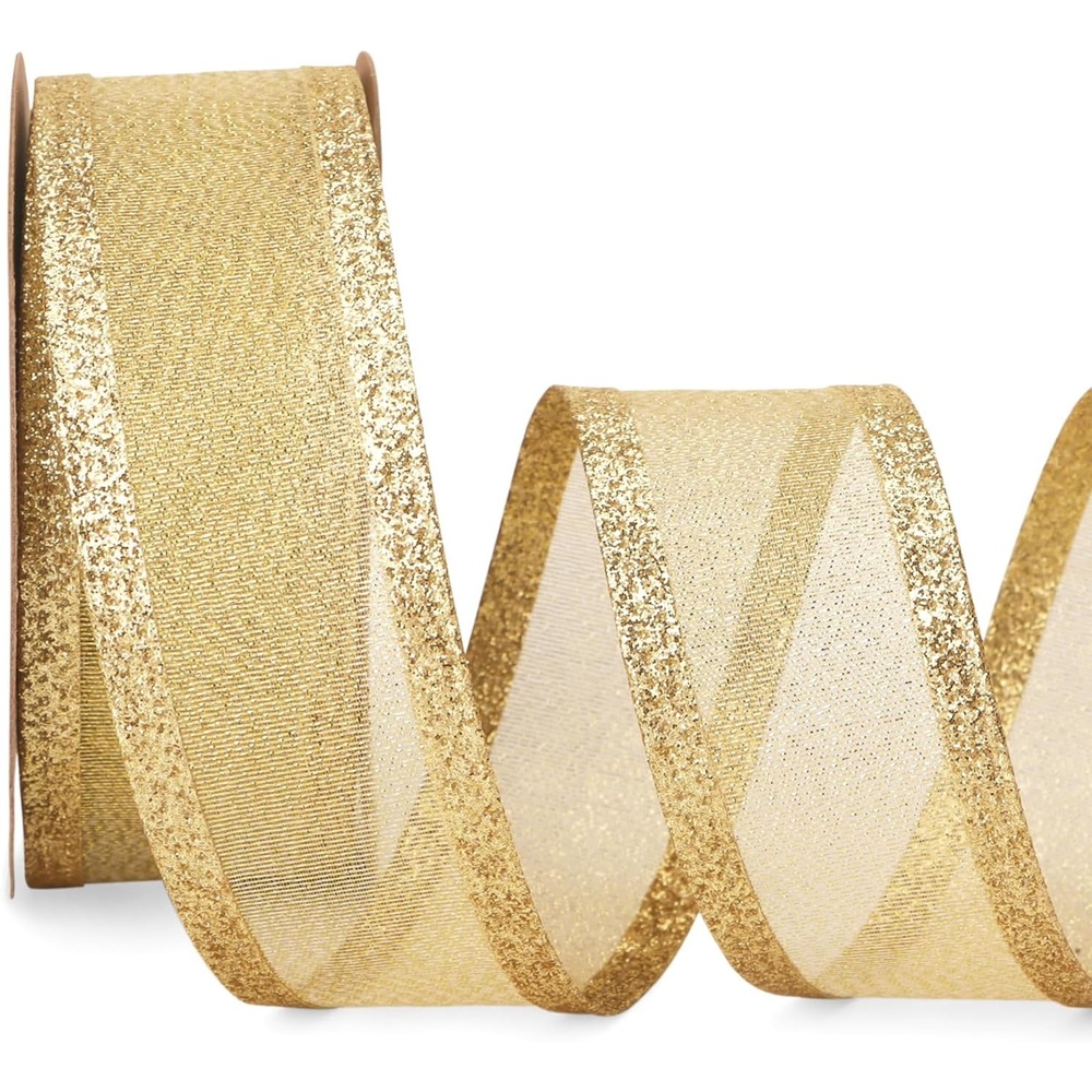 Ribbli Red Christmas Wired Ribbon, Metallic Wired Ribbon with Glitter Edge 2-1/2 Inch x 10 Yard for Christmas Tree Decoration, Gift Wrapping, Wreaths Supplies, Swag, Holiday Decor(Gold)
