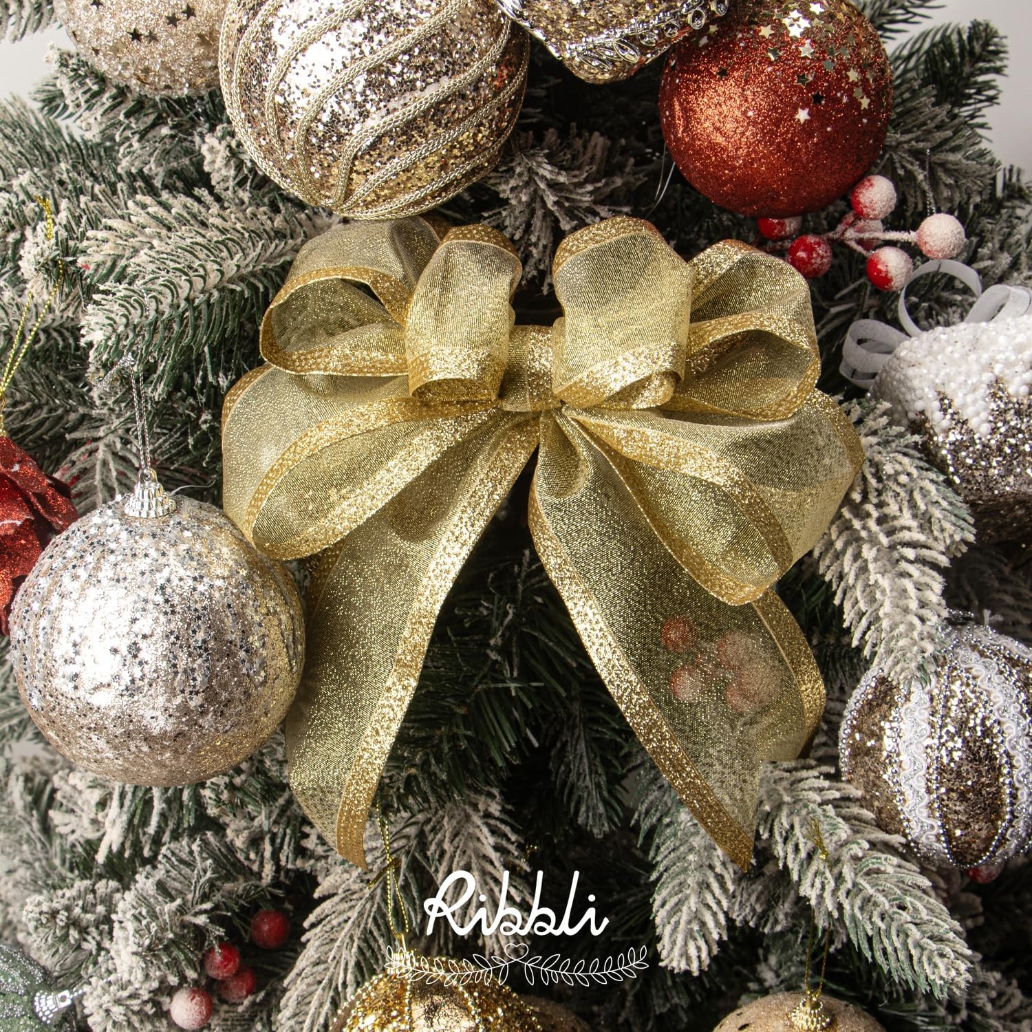 Ribbli Red Christmas Wired Ribbon, Metallic Wired Ribbon with Glitter Edge 2-1/2 Inch x 10 Yard for Christmas Tree Decoration, Gift Wrapping, Wreaths Supplies, Swag, Holiday Decor(Gold)