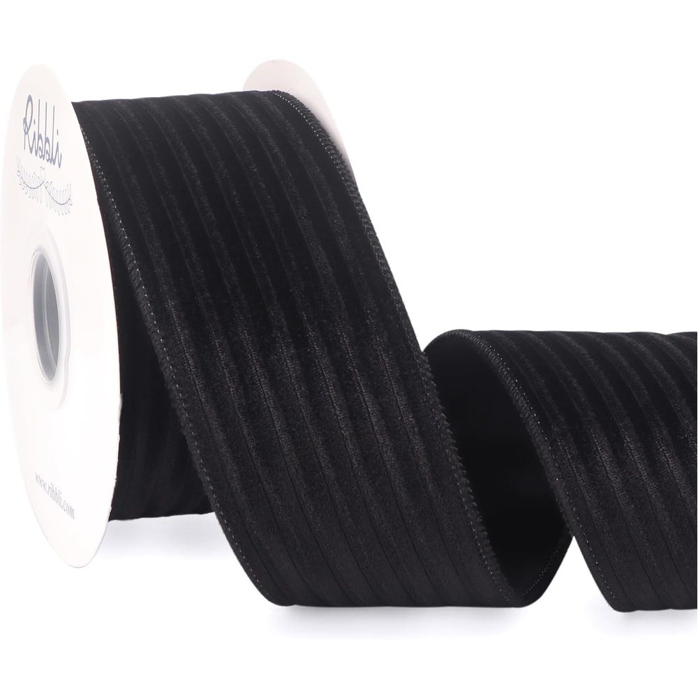 Ribbli Glossy Dusty Green Velvet Wired Ribbon 2.5 Inch Striped Velvet Christmas Ribbon for Gift Wrapping Christmas Tree Decoration Crafts Wreaths Supplies-Continuous 10 Yards(Black)