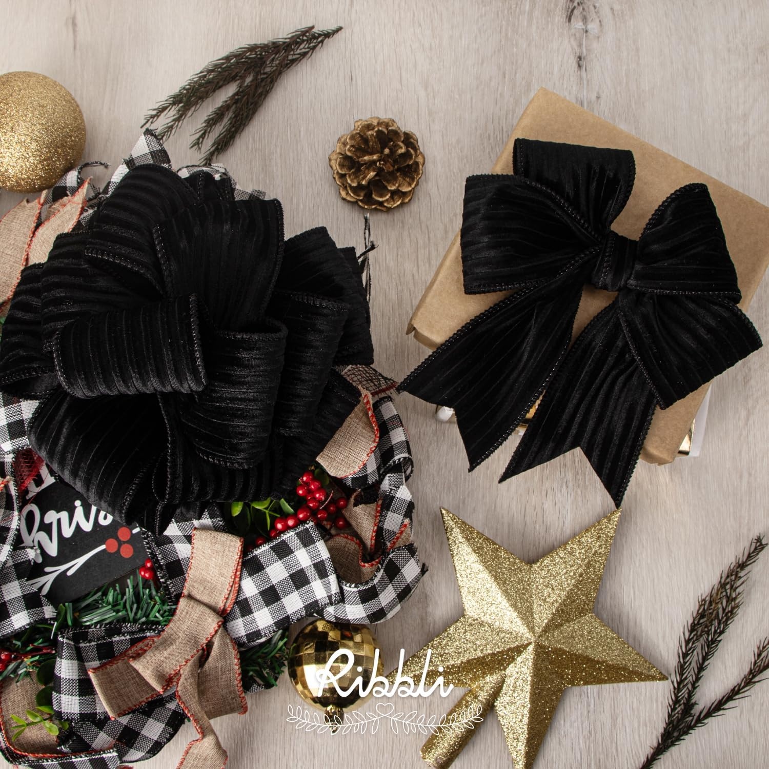 Ribbli Glossy Dusty Green Velvet Wired Ribbon 2.5 Inch Striped Velvet Christmas Ribbon for Gift Wrapping Christmas Tree Decoration Crafts Wreaths Supplies-Continuous 10 Yards(Black)