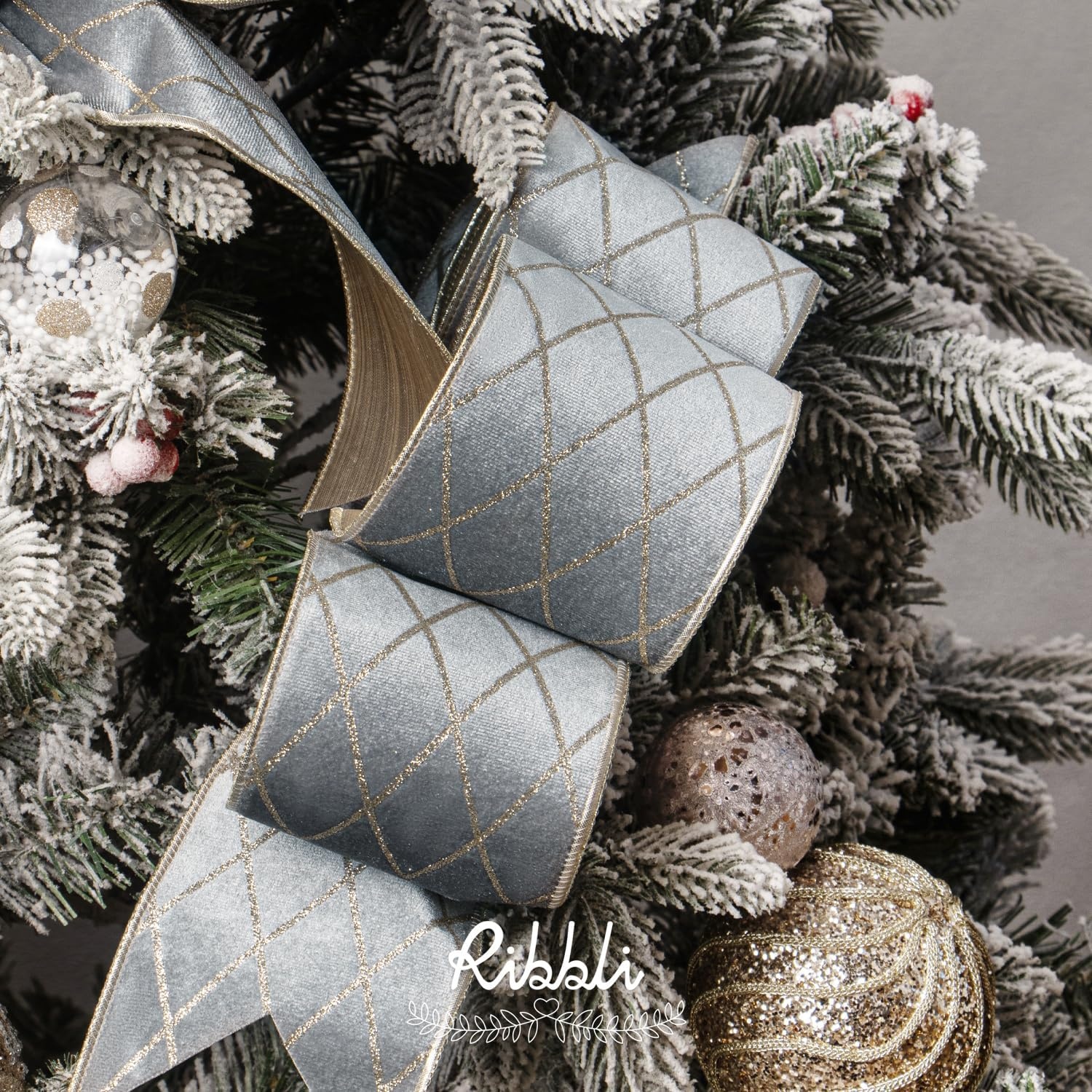Ribbli Dusty Green Velvet Ribbon Wired with Glitter Diamond Grid 2-1/2 Inch Christmas Ribbon for Christmas Tree Decoration Big Bow Gift Wrapping Crafts Wreaths Garland Supplies – 10 Yards(Silver)