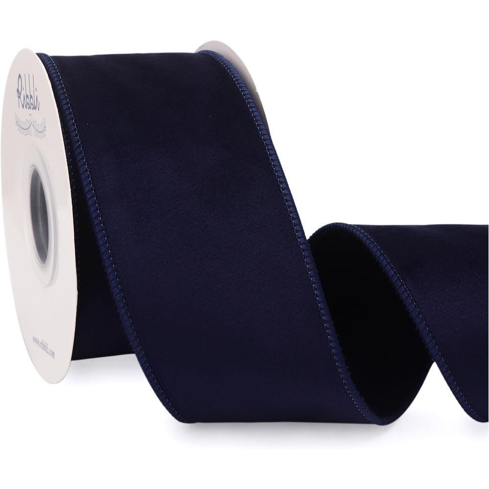 Ribbli Sage Green Velvet Wired Ribbon with Dupioni 4 Inch Christmas Ribbon for Gift Wrapping Christmas Tree Decoration Crafts Wreaths Supplies-Continuous 10 Yards(Navy)