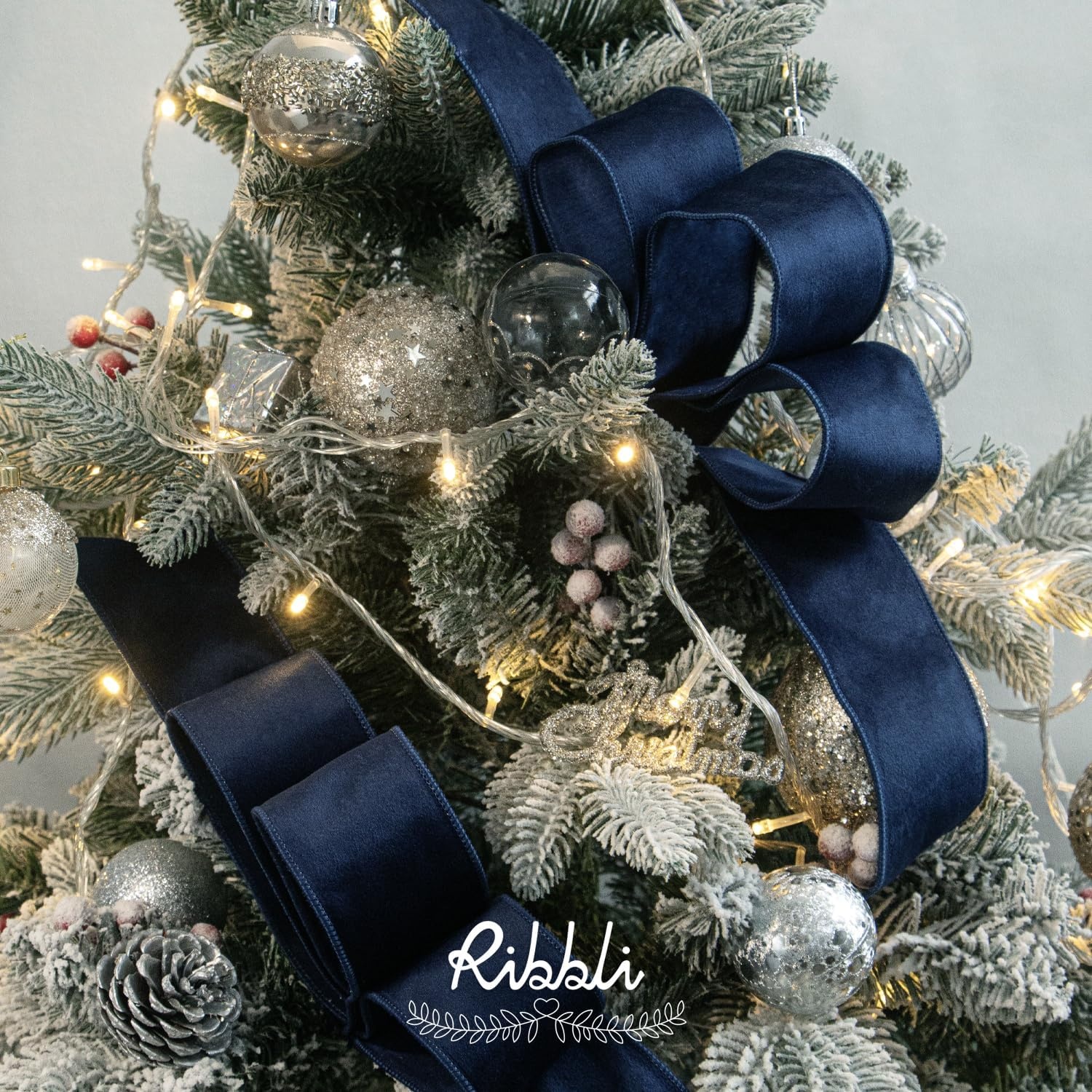 Ribbli Sage Green Velvet Wired Ribbon with Dupioni 4 Inch Christmas Ribbon for Gift Wrapping Christmas Tree Decoration Crafts Wreaths Supplies-Continuous 10 Yards(Navy)