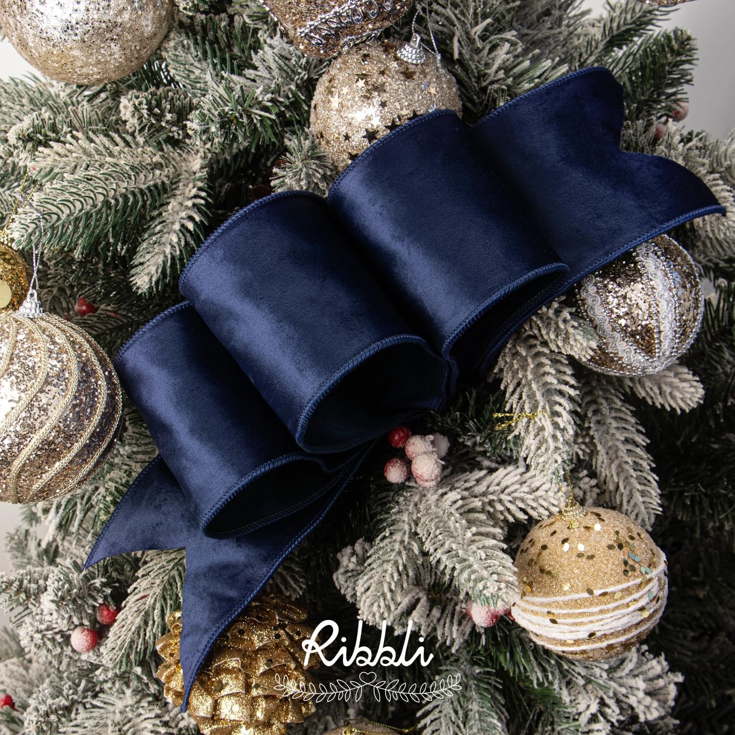 Ribbli Sage Green Velvet Wired Ribbon with Dupioni 4 Inch Christmas Ribbon for Gift Wrapping Christmas Tree Decoration Crafts Wreaths Supplies-Continuous 10 Yards(Navy)
