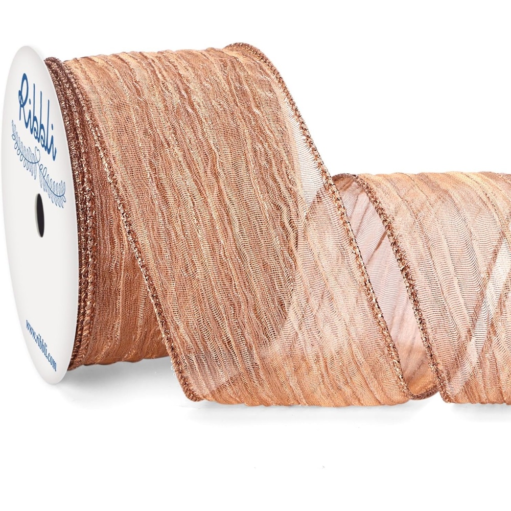 Ribbli Gold Crinkled Wired Ribbon 2.5 Inch with Metallic Wavy Christmas Ribbon for Cristmas Tree Topper Bow Wreaths Swags Gift Wrapping Wedding Decoration-Countinuous 10 Yard(Rose Gold)