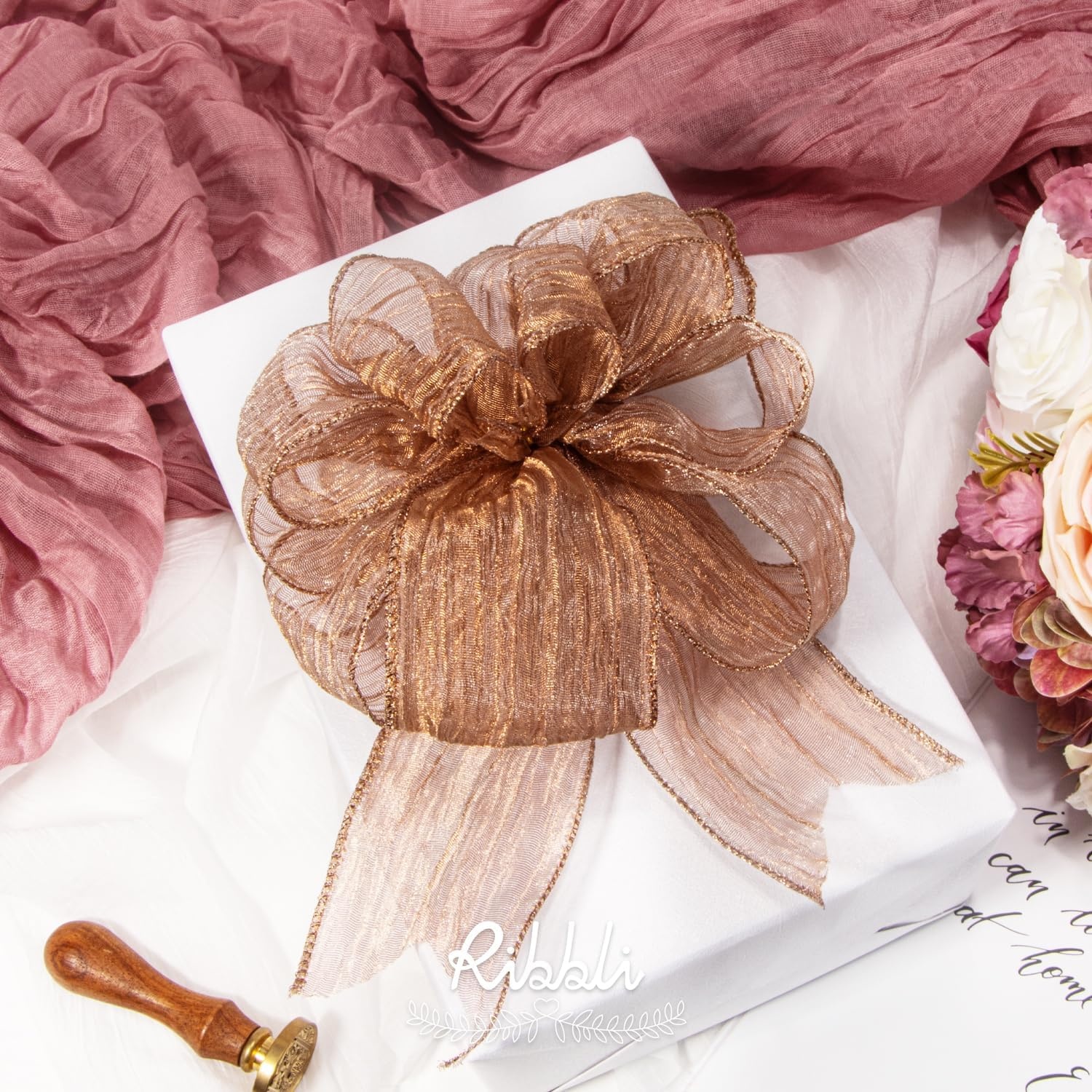Ribbli Gold Crinkled Wired Ribbon 2.5 Inch with Metallic Wavy Christmas Ribbon for Cristmas Tree Topper Bow Wreaths Swags Gift Wrapping Wedding Decoration-Countinuous 10 Yard(Rose Gold)
