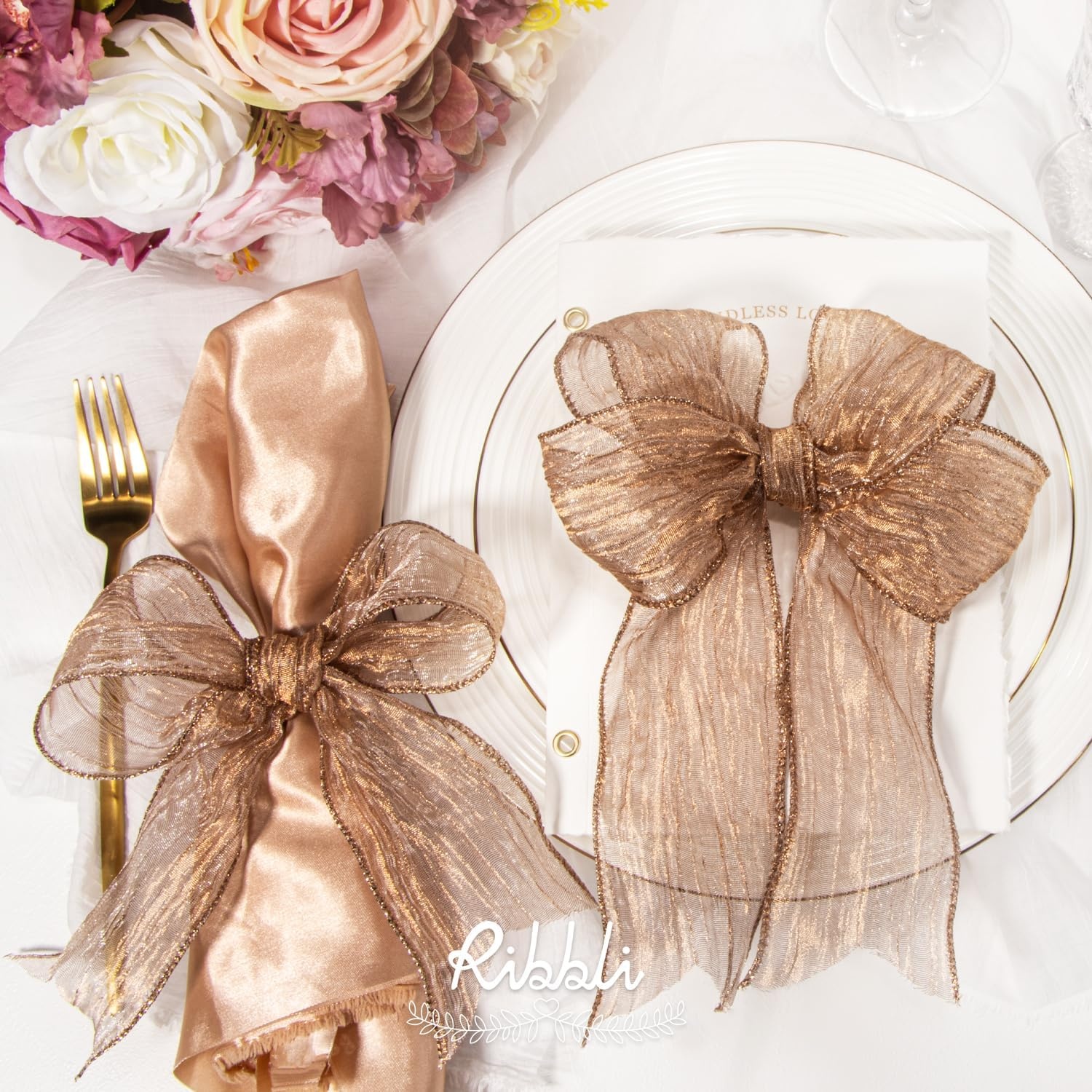 Ribbli Gold Crinkled Wired Ribbon 2.5 Inch with Metallic Wavy Christmas Ribbon for Cristmas Tree Topper Bow Wreaths Swags Gift Wrapping Wedding Decoration-Countinuous 10 Yard(Rose Gold)
