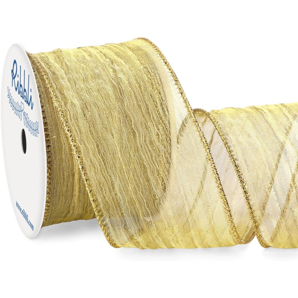 Ribbli Gold Crinkled Wired Ribbon 2.5 Inch with Metallic Wavy Christmas Ribbon for Cristmas Tree Topper Bow Wreaths Swags Gift Wrapping Wedding Decoration-Countinuous 10 Yard(Gold)