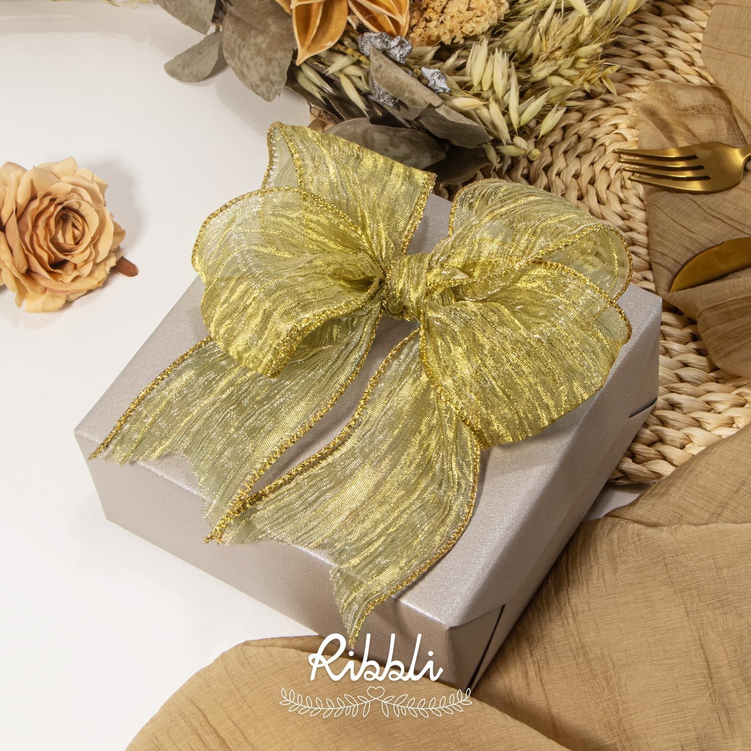 Ribbli Gold Crinkled Wired Ribbon 2.5 Inch with Metallic Wavy Christmas Ribbon for Cristmas Tree Topper Bow Wreaths Swags Gift Wrapping Wedding Decoration-Countinuous 10 Yard(Gold)