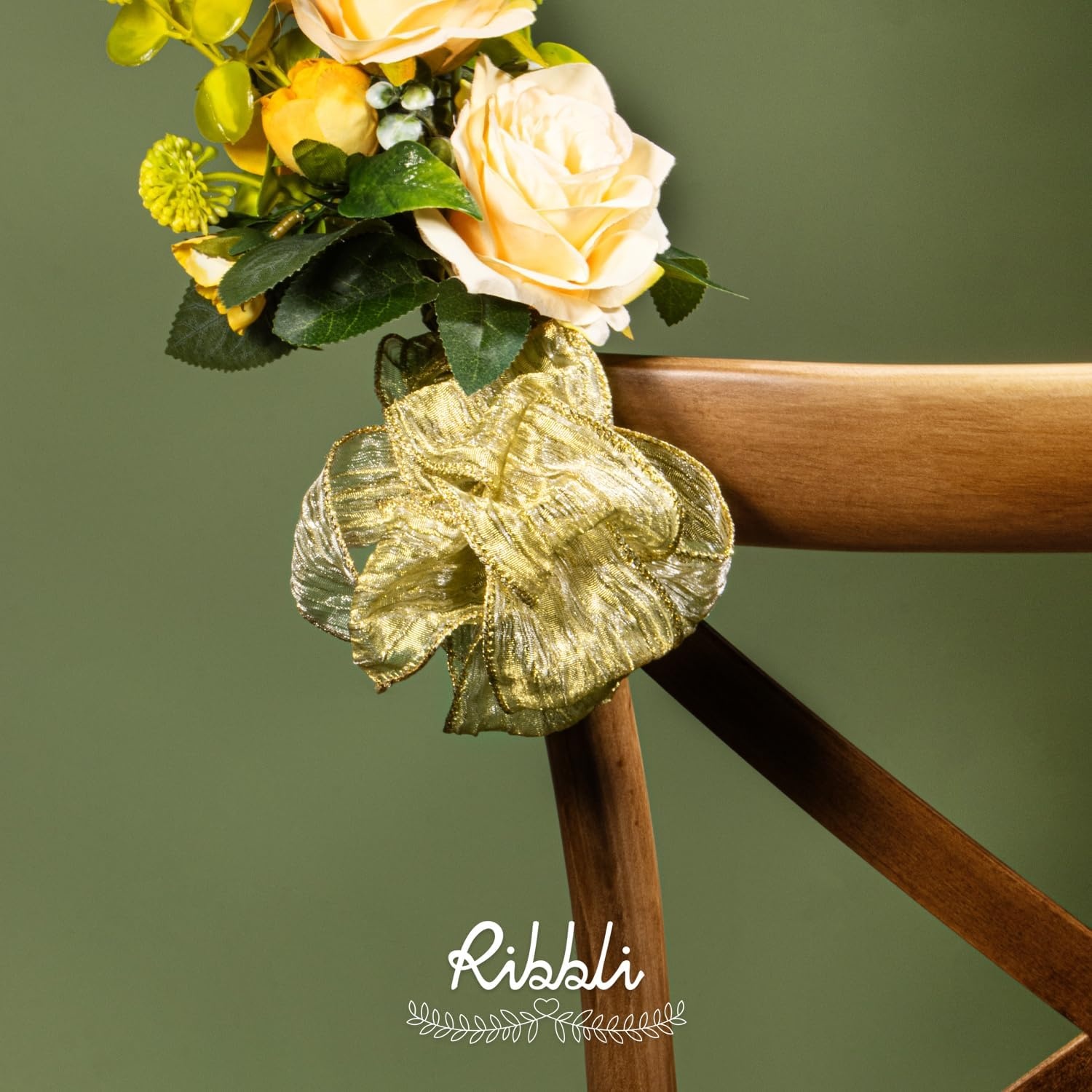 Ribbli Gold Crinkled Wired Ribbon 2.5 Inch with Metallic Wavy Christmas Ribbon for Cristmas Tree Topper Bow Wreaths Swags Gift Wrapping Wedding Decoration-Countinuous 10 Yard(Gold)