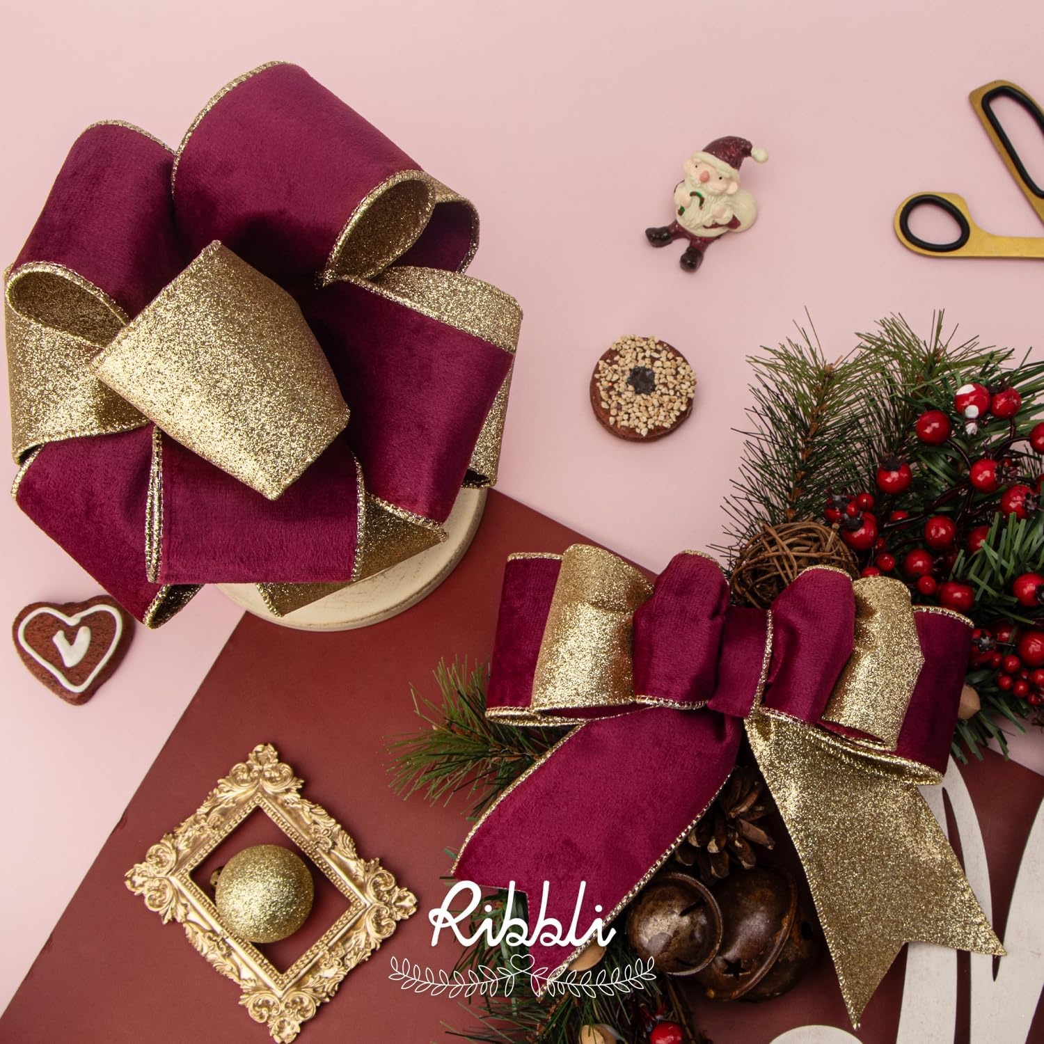 Ribbli Light Champagne Velvet Wired Ribbon 4 Inch Ivory Velvet with Champagne Glitter Christmas Ribbon for Christmas Tree Decoration Big Bow Gift Wrapping Crafts Wreaths Supplies- 10 Yards(Burgundy&Gold)