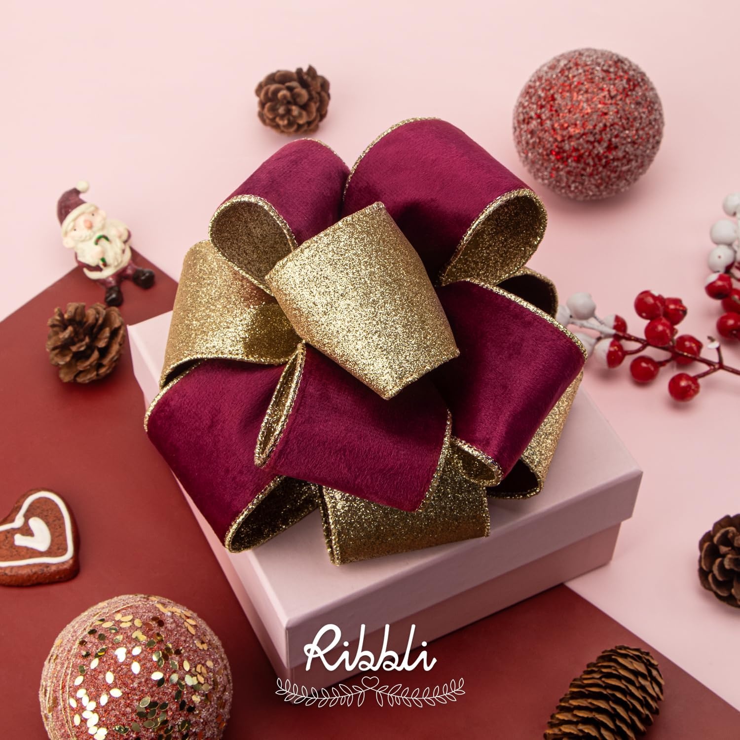 Ribbli Light Champagne Velvet Wired Ribbon 4 Inch Ivory Velvet with Champagne Glitter Christmas Ribbon for Christmas Tree Decoration Big Bow Gift Wrapping Crafts Wreaths Supplies- 10 Yards(Burgundy&Gold)