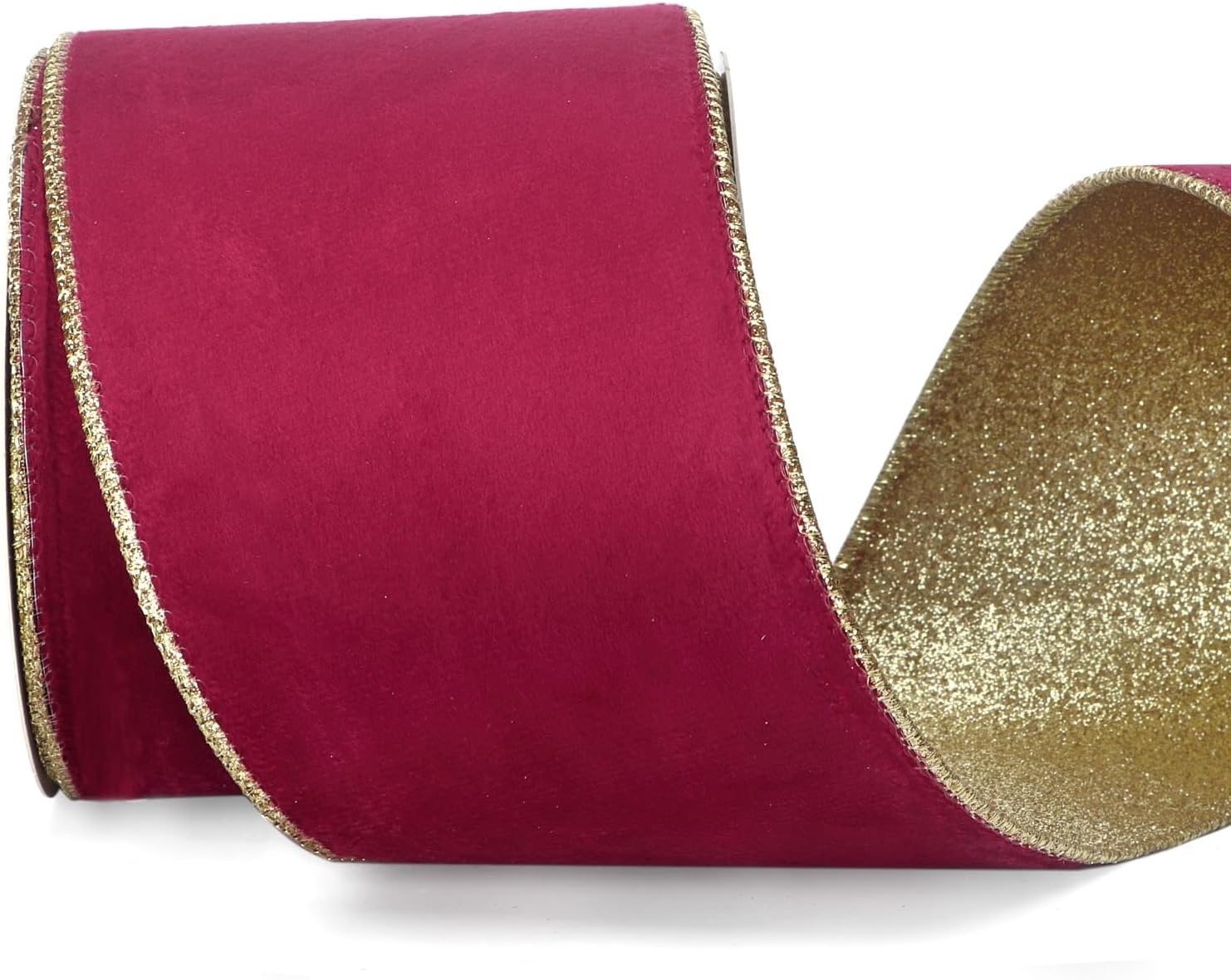 Ribbli Light Champagne Velvet Wired Ribbon 4 Inch Ivory Velvet with Champagne Glitter Christmas Ribbon for Christmas Tree Decoration Big Bow Gift Wrapping Crafts Wreaths Supplies- 10 Yards(Burgundy&Gold)
