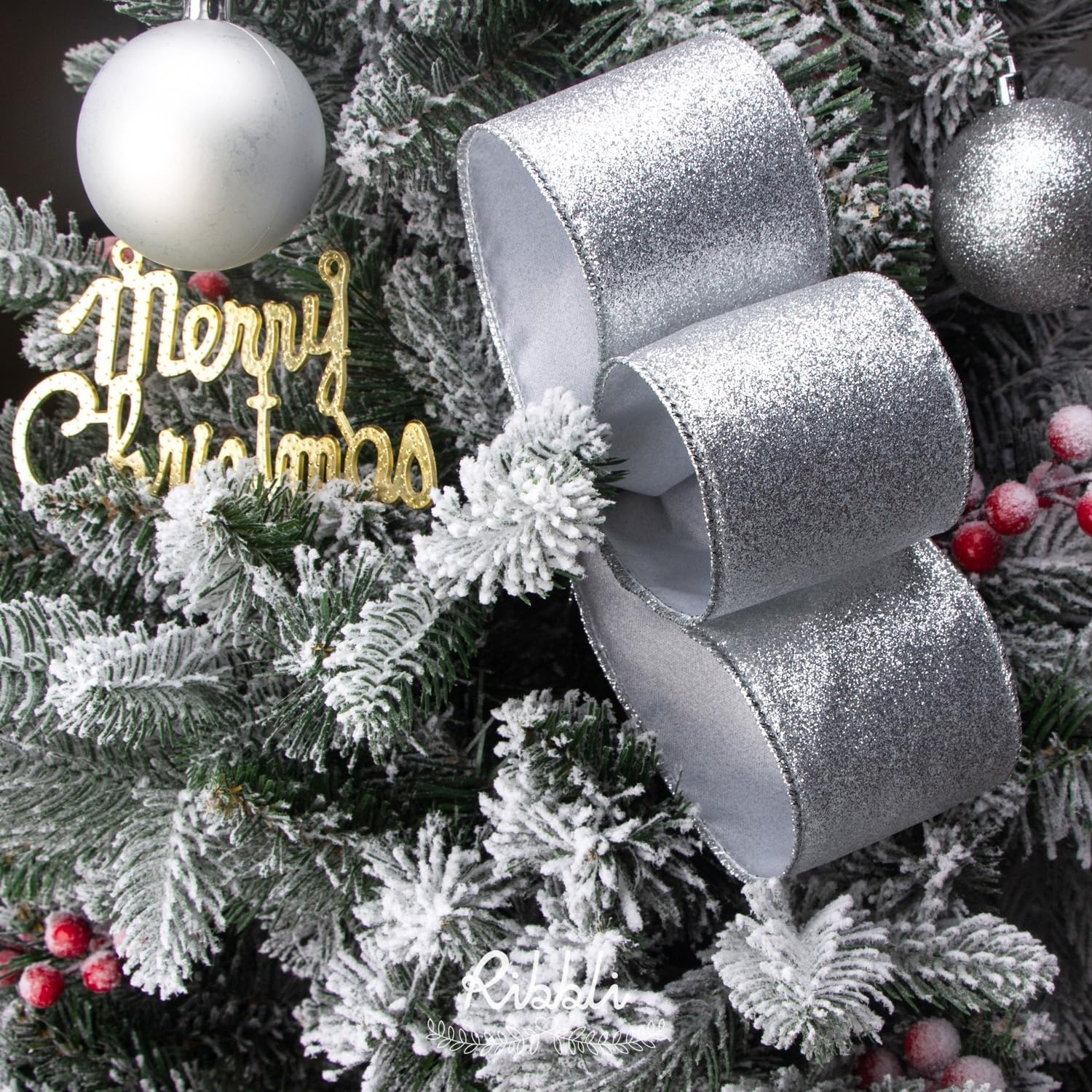 Ribbli Turquoise Blue Glitter Wired Ribbon,Turquoise with Metallic Edge,Christmas Ribbon for Wreath, Christmas Tree Decoration, Gift Wrapping,Home Decor, 2-1/2 Inch x 10 Yards(Silver)