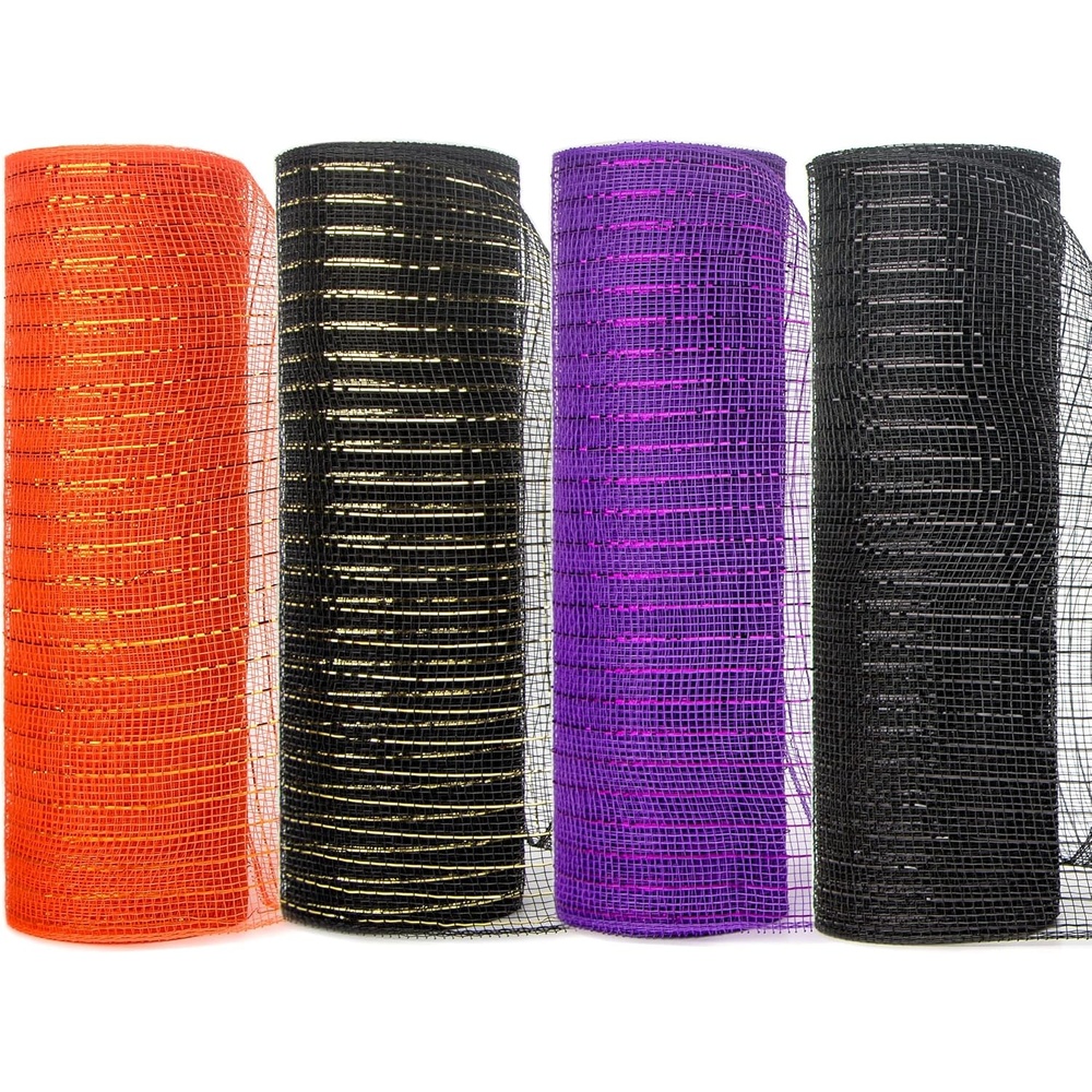 Ribbli 4 Rolls Halloween Metallic Mesh Ribbon,10 inch x 30 feet(10Yard) Each Roll,Halloween Ribbon for Wreath Swags-Orange/Black(Gold foil)/Purple/Black(Black foil(Orange/Black/Purple/Black)