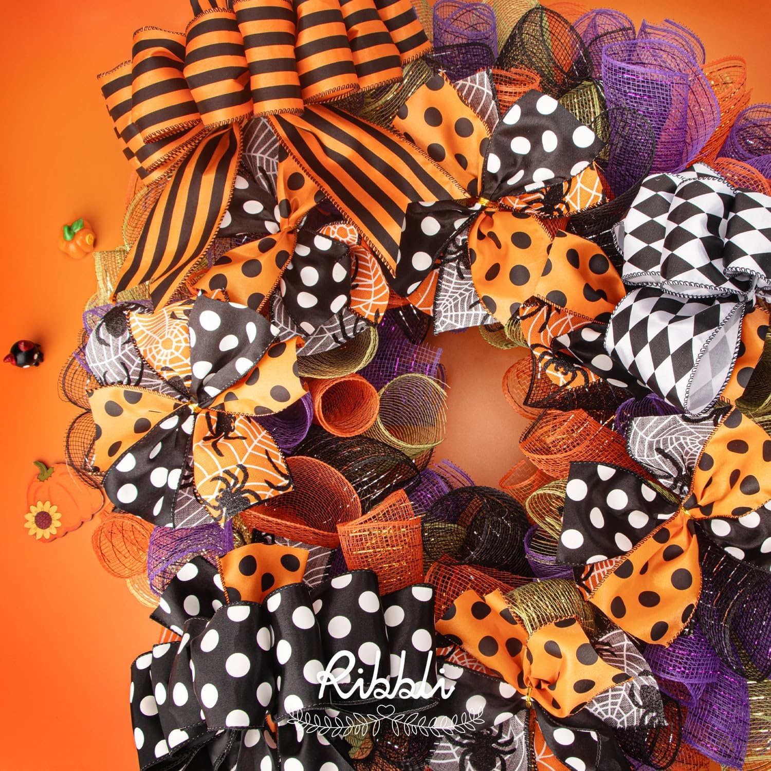 Ribbli 4 Rolls Halloween Metallic Mesh Ribbon,10 inch x 30 feet(10Yard) Each Roll,Halloween Ribbon for Wreath Swags-Orange/Black(Gold foil)/Purple/Black(Black foil(Orange/Black/Purple/Black)