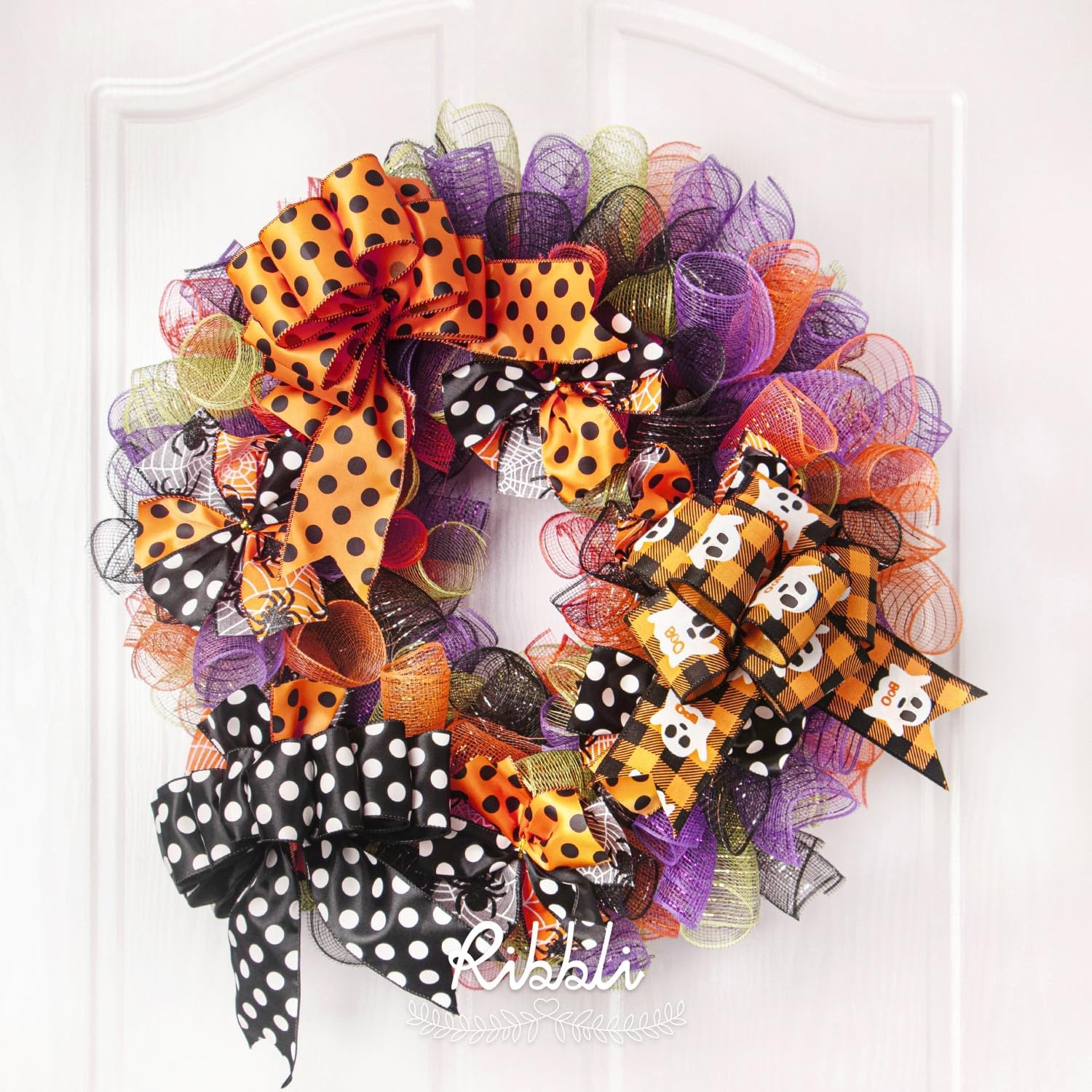 Ribbli 4 Rolls Halloween Metallic Mesh Ribbon,10 inch x 30 feet(10Yard) Each Roll,Halloween Ribbon for Wreath Swags-Orange/Black(Gold foil)/Purple/Black(Black foil(Orange/Black/Purple/Black)