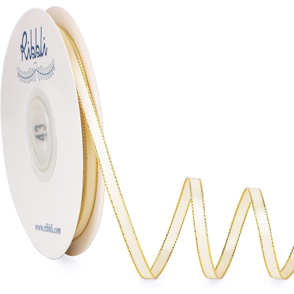 Ribbli Pearl Pink Satin Ribbon with Silver Edge,Double Faced Satin 3/8 inch x Continuous 50 Yards, Pearl Pink Ribbon Use for Crafts, Gift Wrapping, Wedding Card Decoration(Ivory/Gold)