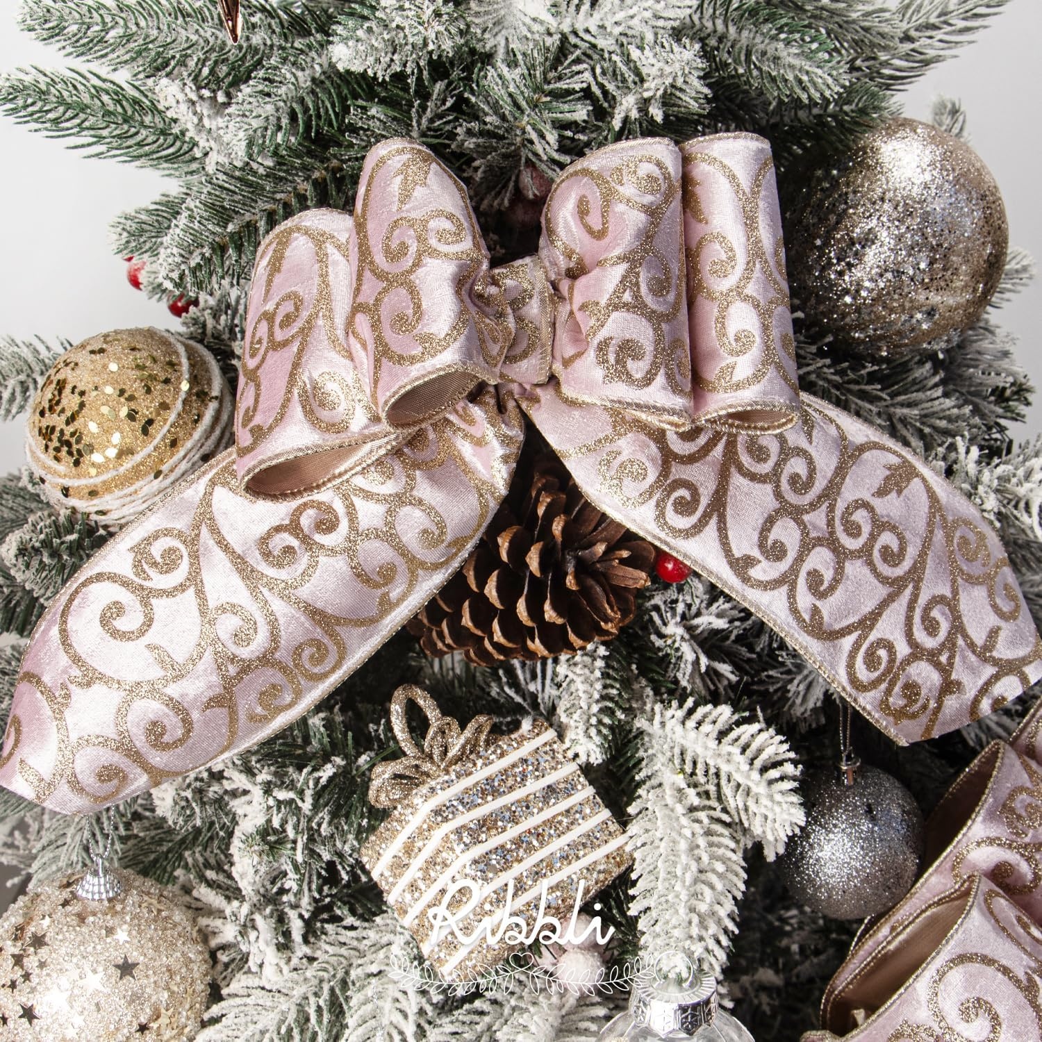 Ribbli Sage Green Velvet Ribbon Wired with Glitter Swirl 4 Inch Christmas Ribbon for Christmas Tree Decoration Big Bow Gift Wrapping Crafts Wreaths Supplies – 10 Yards(Light Pink)