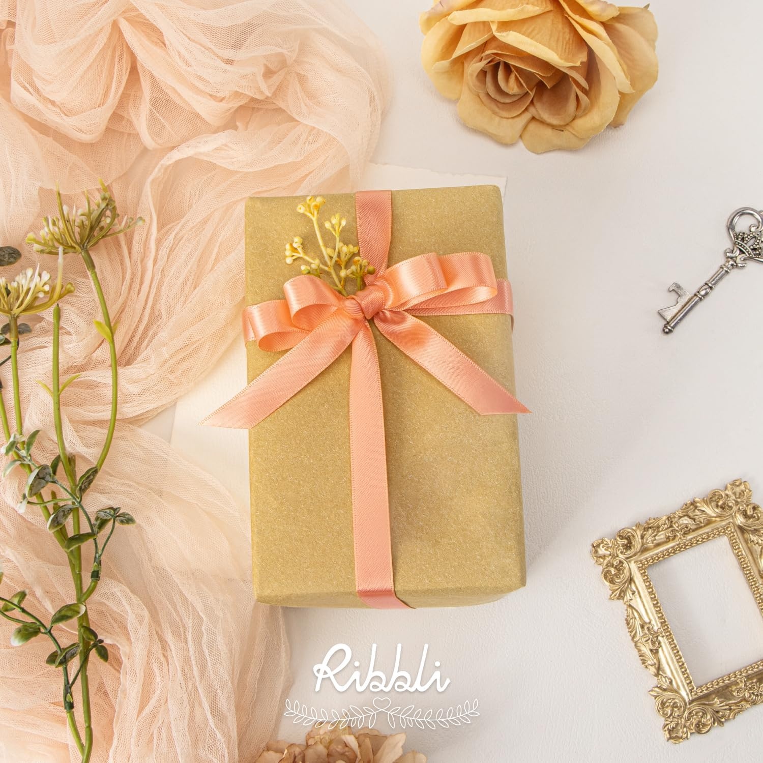 Ribbli Dusty Sage Satin Ribbon Double Faced Satin 1/2 inch x Continuous 50 Yards-Spring Moss Ribbon for Gift Wrapping Crafts Wedding Decoration Bows Bouquet Floral Arrangement(Peach)