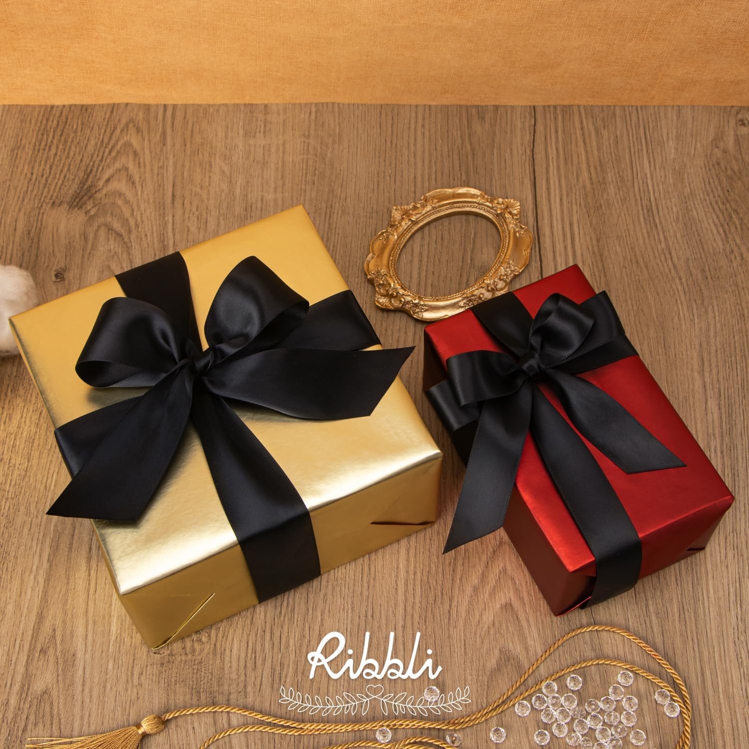 Ribbli Double Faced Rose Gold Satin Ribbon,3/8 x Continuous 25 Yards,Use for Bows Bouquet,Gift Wrapping,Floral Arrangement(Black)