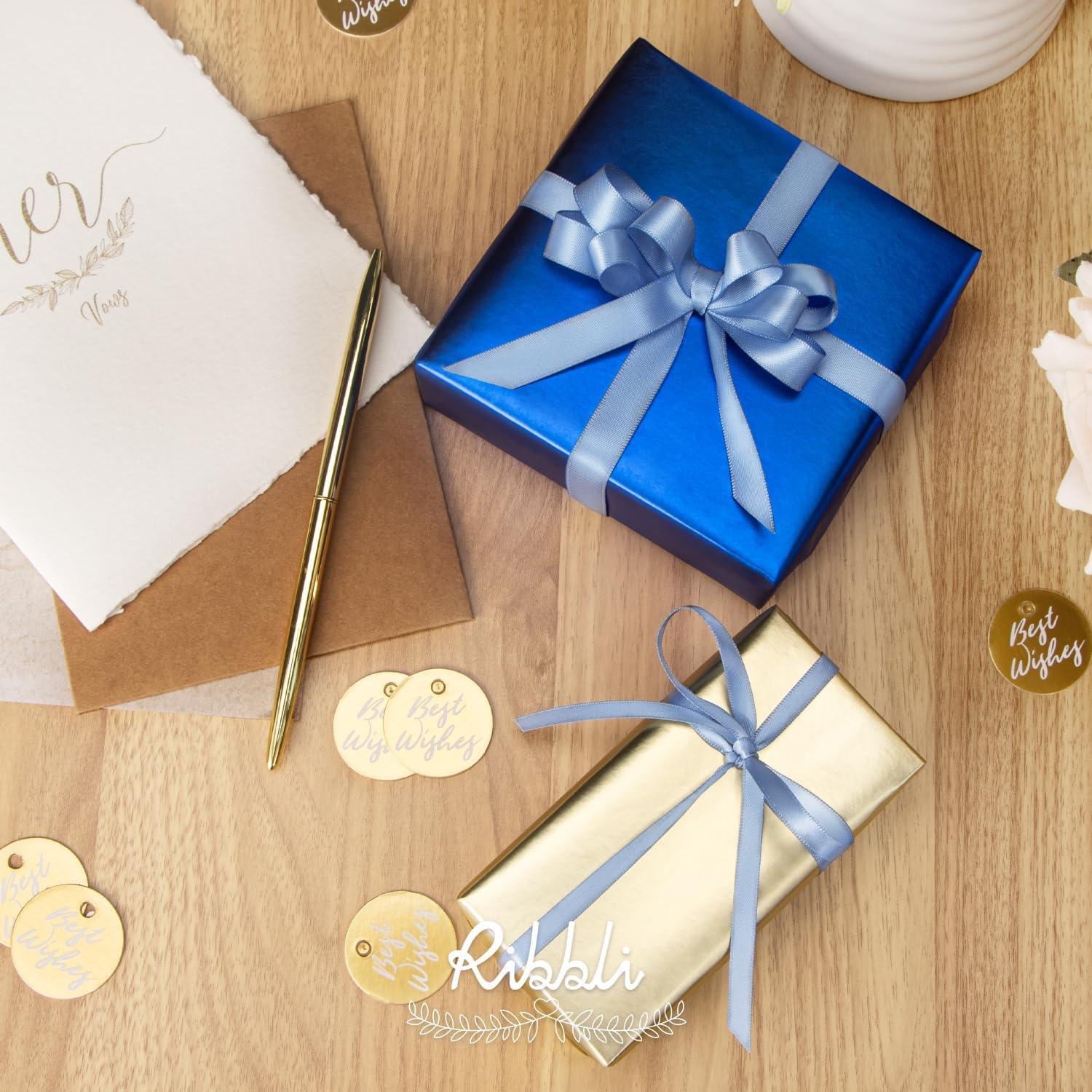 Ribbli Dusty Blue Satin Ribbon Double Faced Satin 1-1/2 Inch x Continuous 50 Yards-Blue Ribbon for Gift Wrapping Crafts Wedding Decoration Bows Bouquet Floral Arrangement(Blue Dusty)