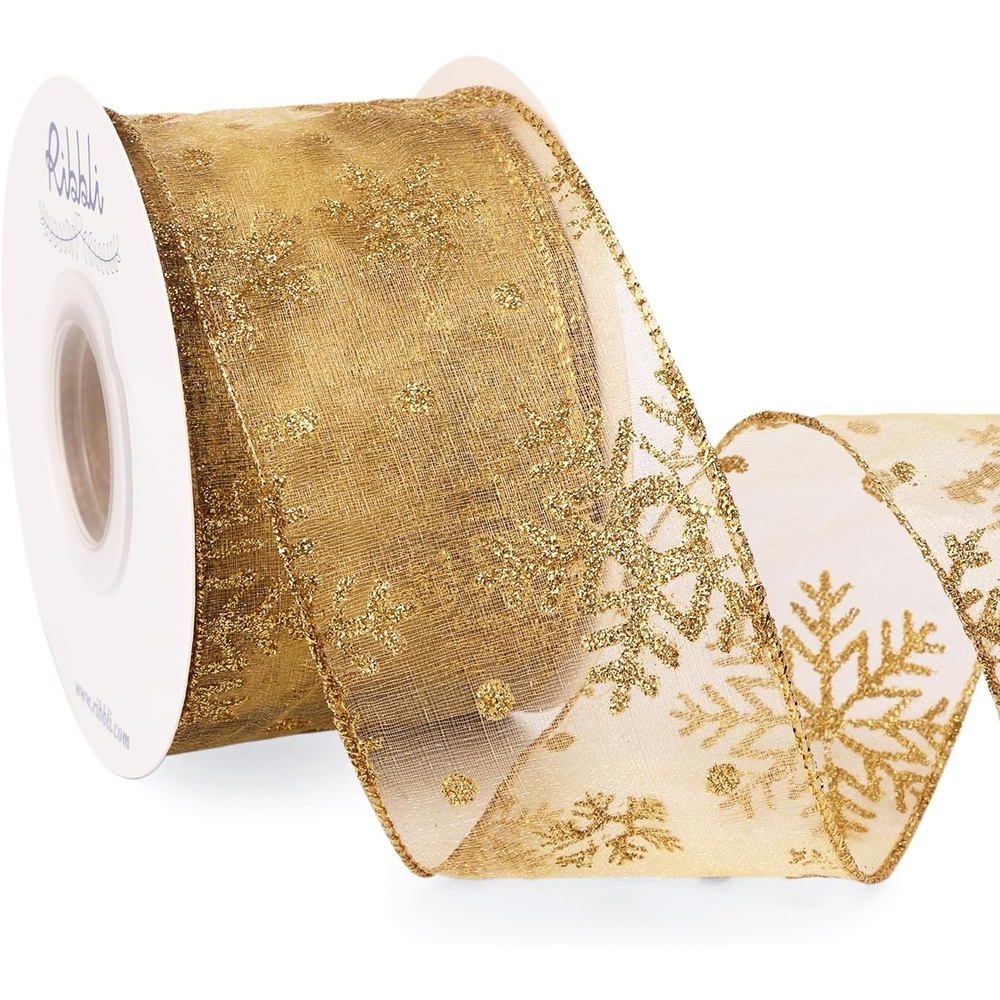 Ribbli Christmas Snowflake Glitter Wired Organza Sheer Ribbon, 2-1/2 Inch x 20 Yards Champagne with Gold Glitter Snowflake Pattern for Tree Decoration(Gold)