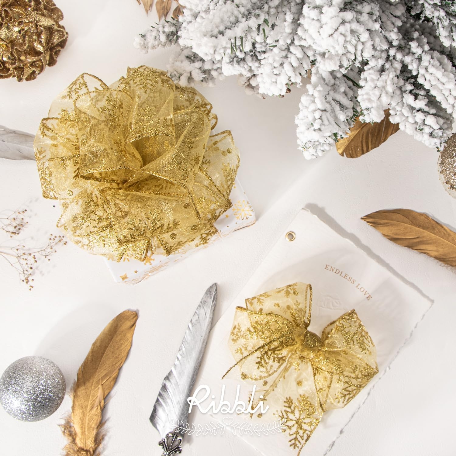 Ribbli Christmas Snowflake Glitter Wired Organza Sheer Ribbon, 2-1/2 Inch x 20 Yards Champagne with Gold Glitter Snowflake Pattern for Tree Decoration(Gold)