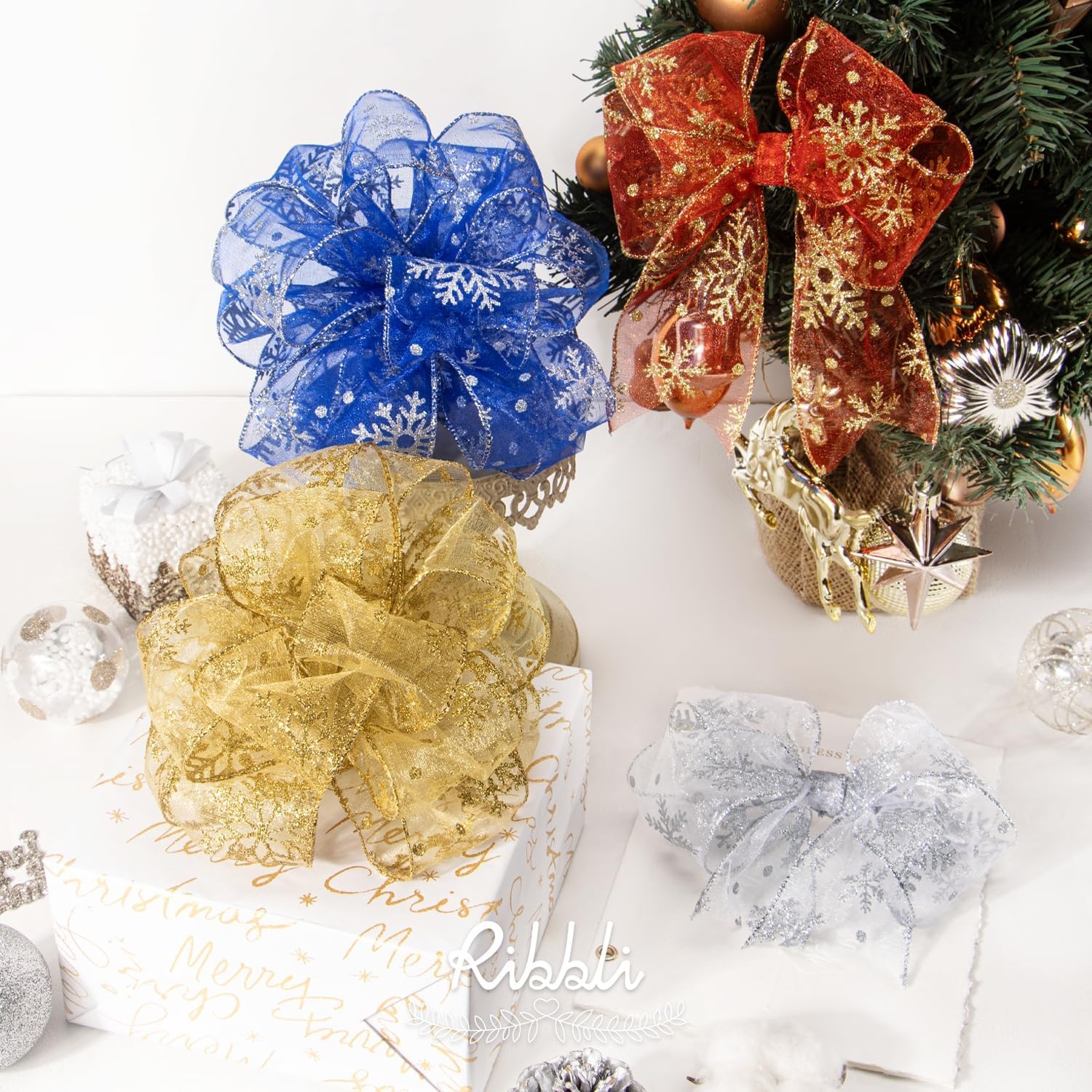 Ribbli Christmas Snowflake Glitter Wired Organza Sheer Ribbon, 2-1/2 Inch x 20 Yards Champagne with Gold Glitter Snowflake Pattern for Tree Decoration(Gold)