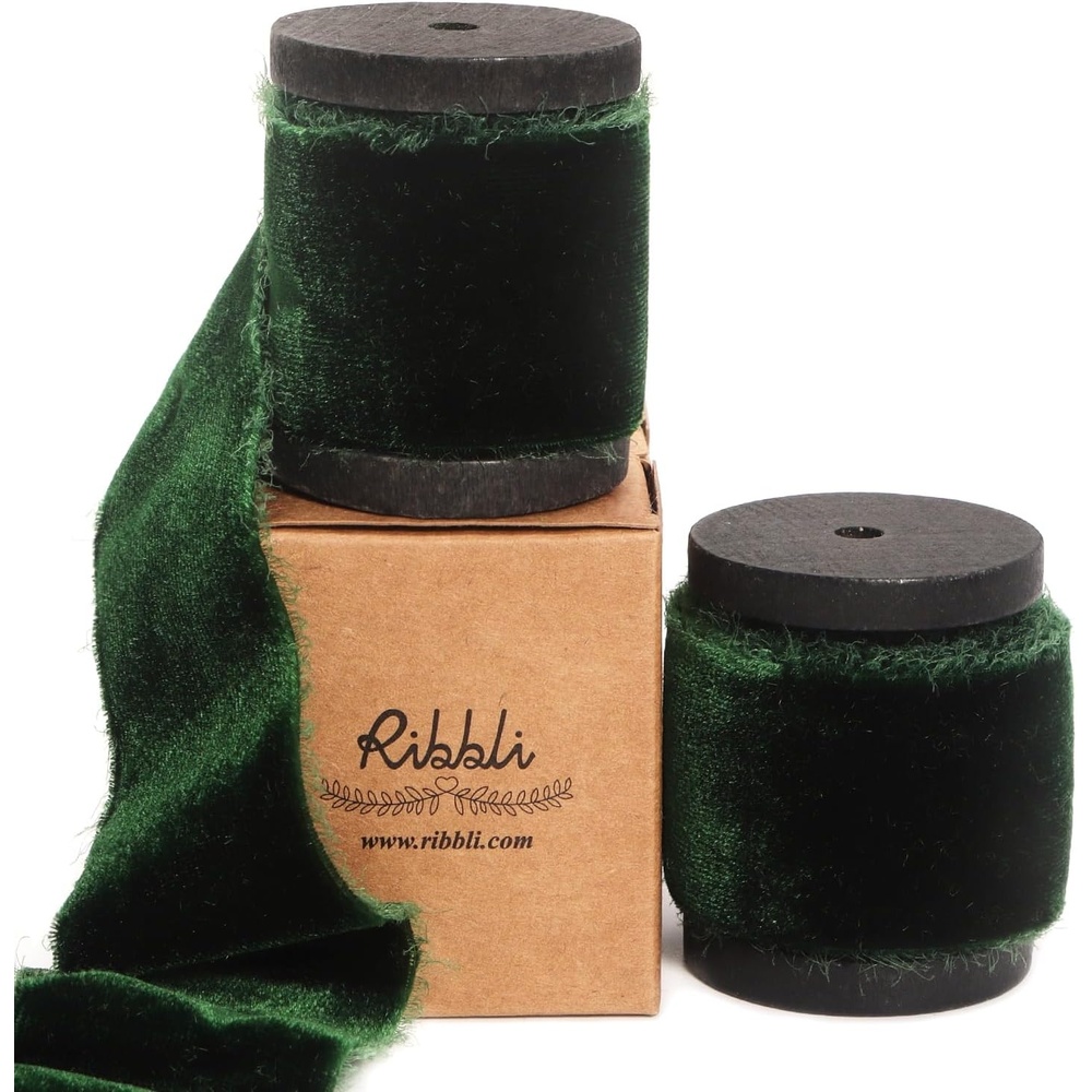 Ribbli Burgundy Velvet Ribbon 1.5 Inch Handmade Frayed Vintage Christmas Ribbon for Gift Wrapping Christmas Tree Ornament Wreath Craft Home Decor -Total 3 Yards with Wooden Spool(Forest Green)