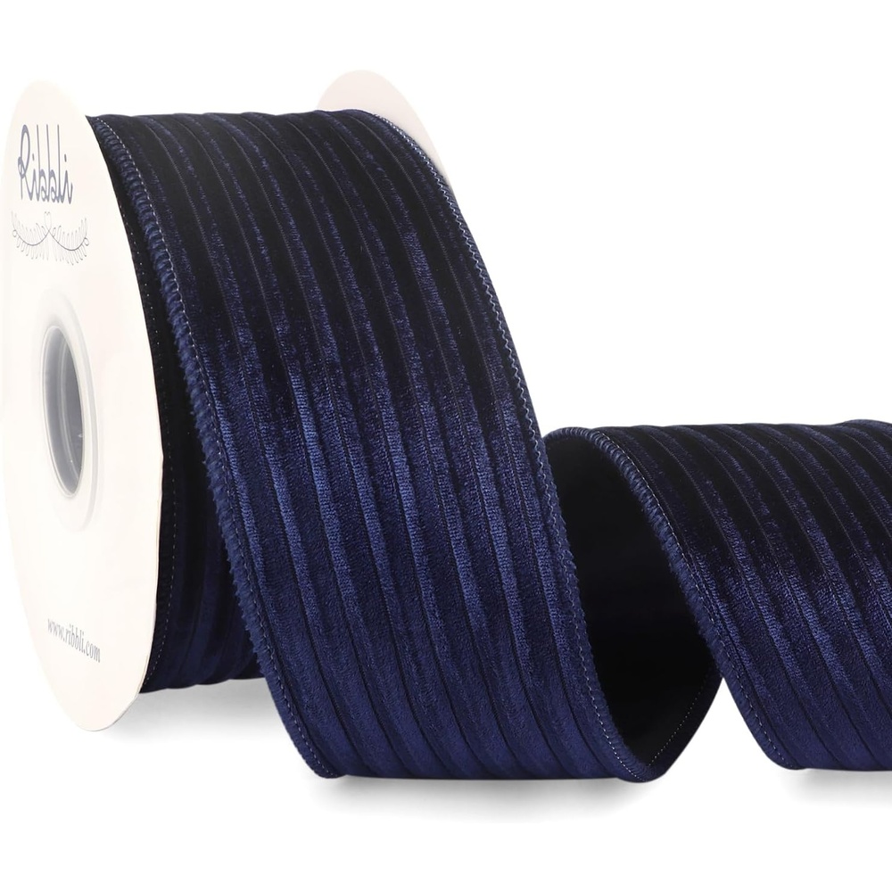 Ribbli Glossy Dusty Green Velvet Wired Ribbon 2.5 Inch Striped Velvet Christmas Ribbon for Gift Wrapping Christmas Tree Decoration Crafts Wreaths Supplies-Continuous 10 Yards(Navy)