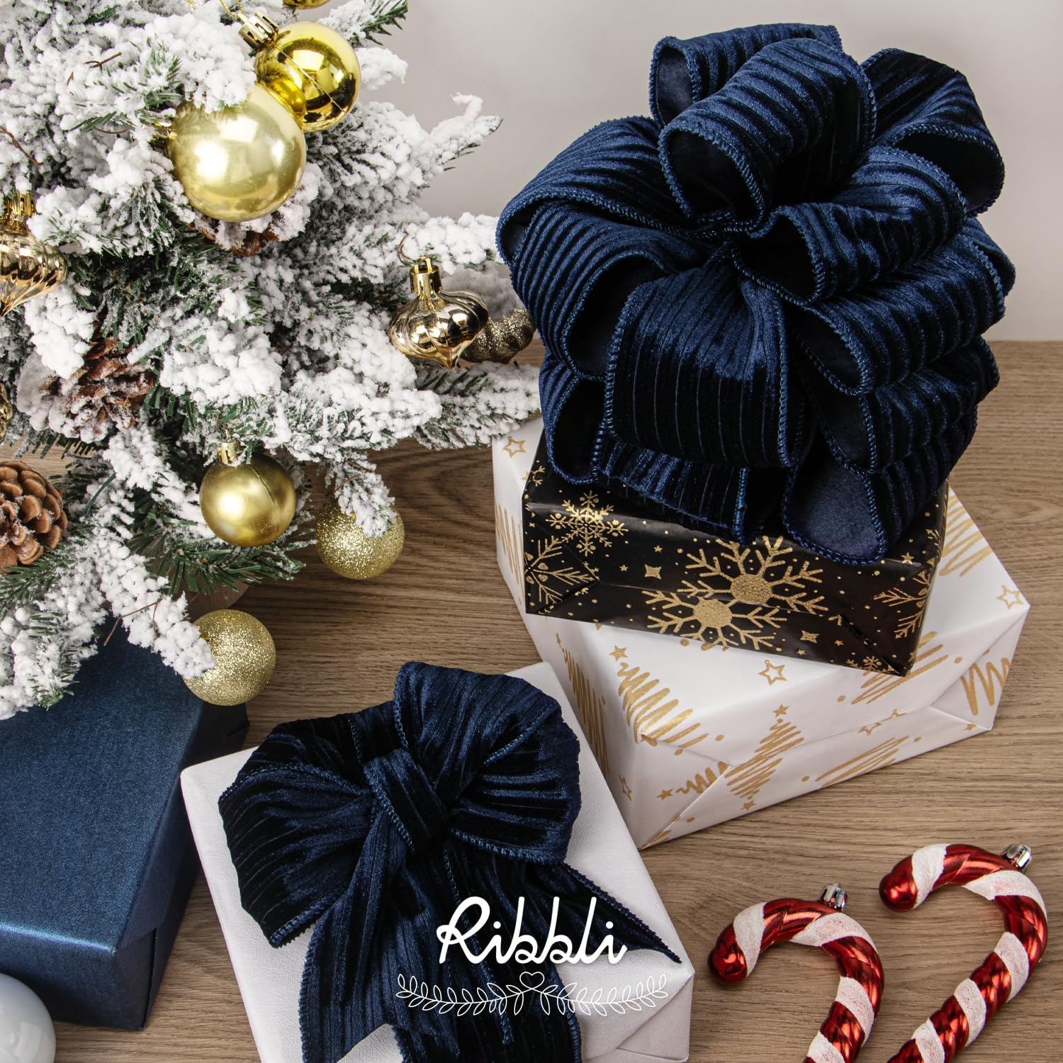 Ribbli Glossy Dusty Green Velvet Wired Ribbon 2.5 Inch Striped Velvet Christmas Ribbon for Gift Wrapping Christmas Tree Decoration Crafts Wreaths Supplies-Continuous 10 Yards(Navy)